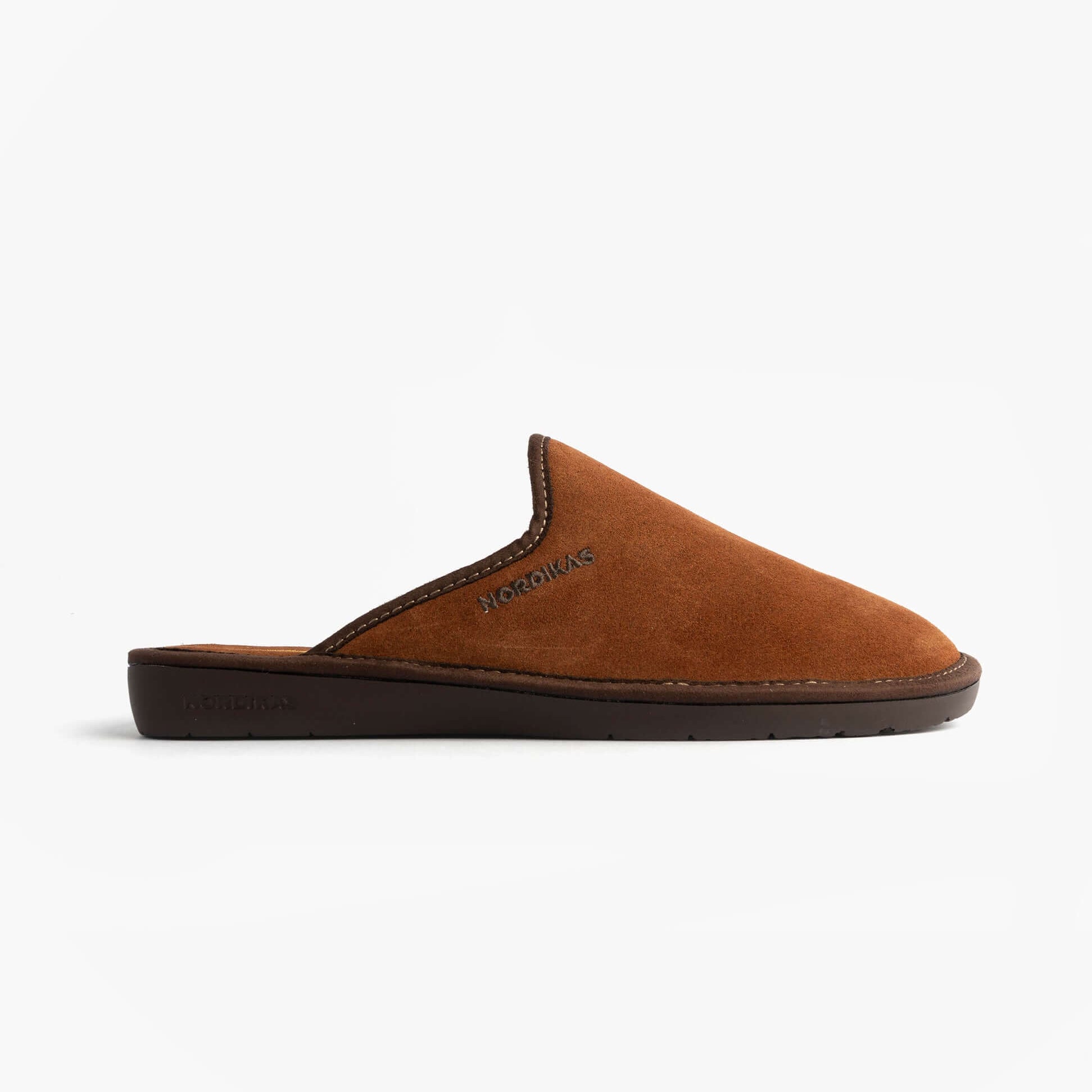 Nordikas 131 Mens Suede Mule Slippers Brown side view showcasing premium suede and slip-on design.