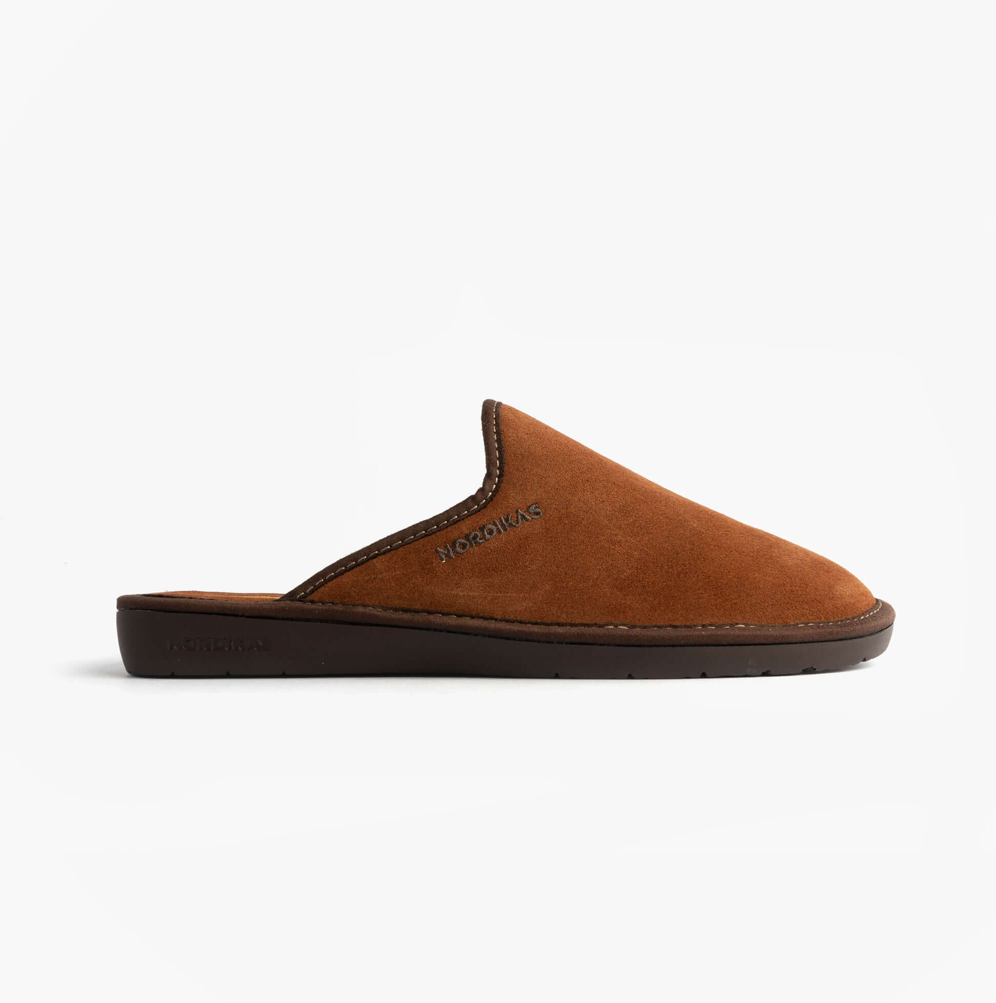 Nordikas 131 Mens Suede Mule Slippers Brown side view showcasing premium suede and slip-on design.