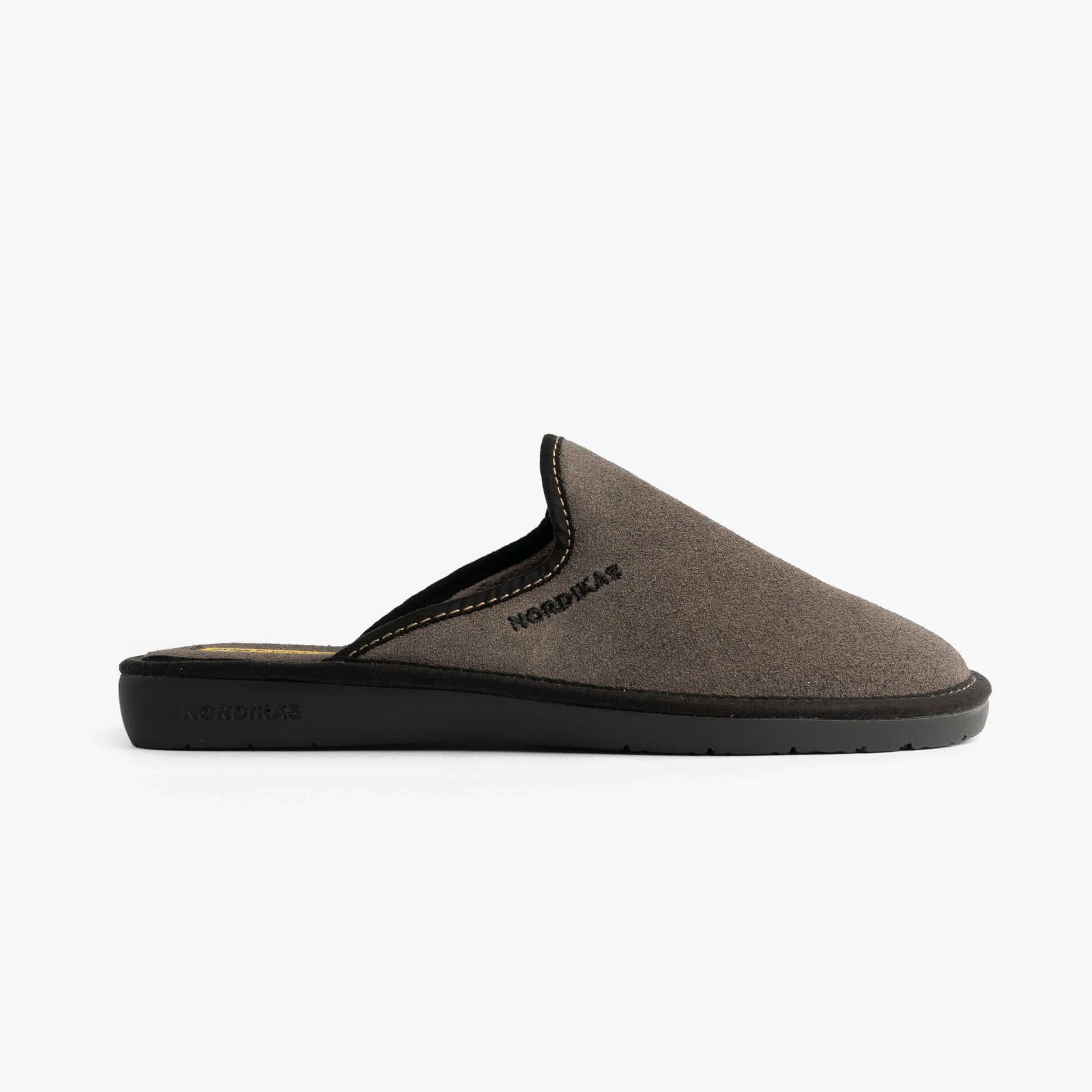 Nordikas 131 Mens Suede Mule Slippers Grey side view showcasing slip-on design and comfortable suede upper.