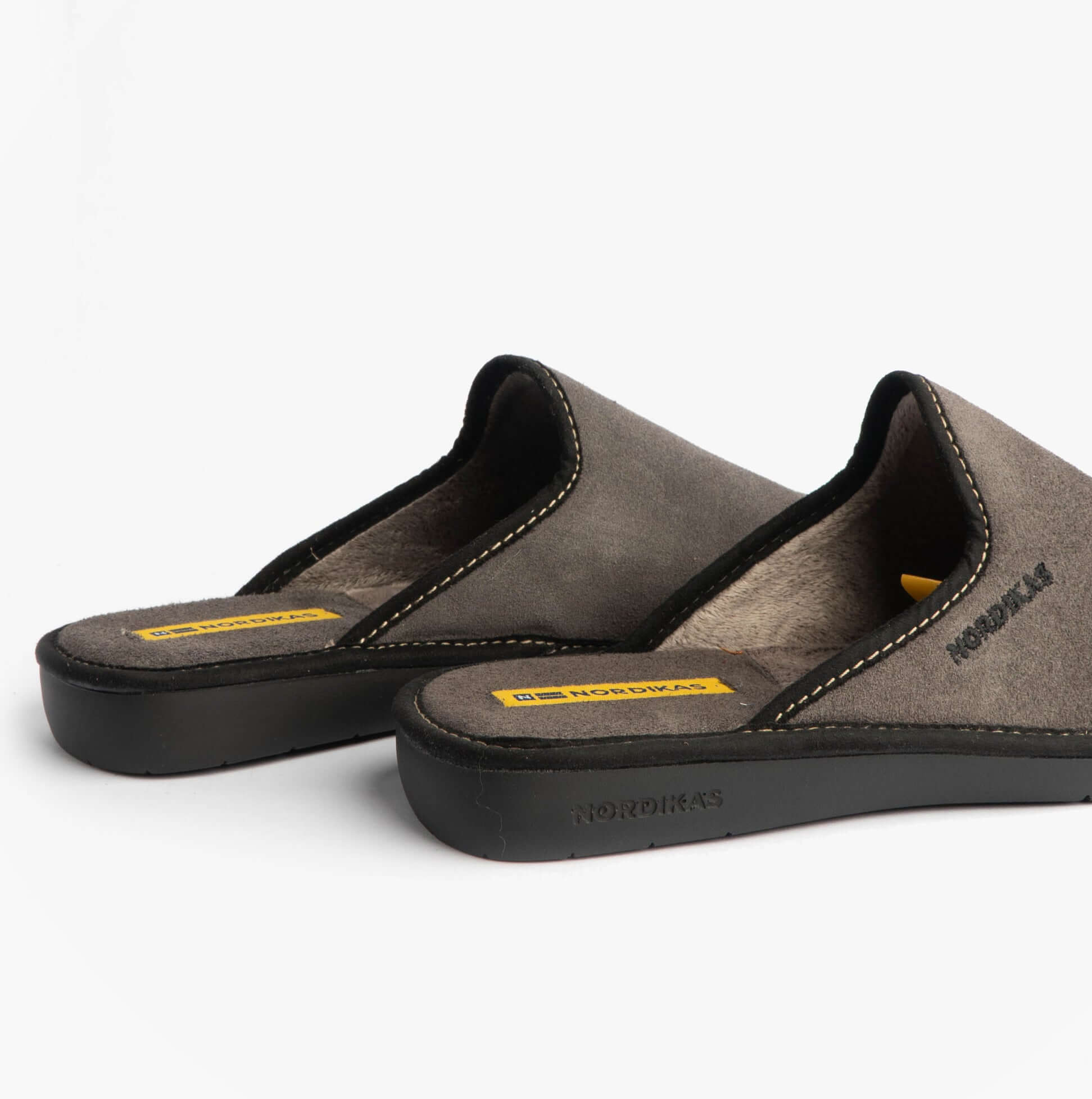 Nordikas 131 Mens Suede Mule Slippers Grey side view showing suede upper and rubber sole.