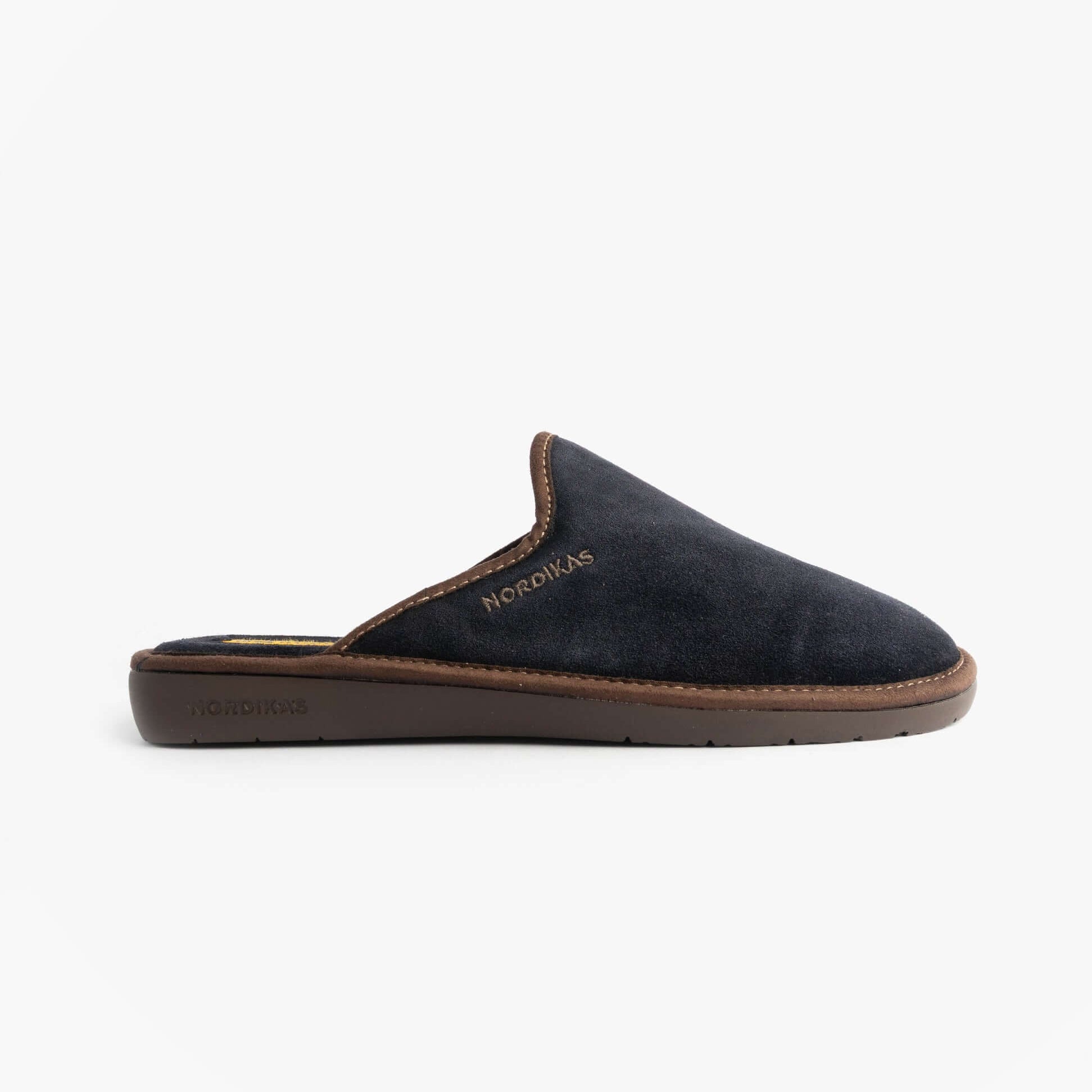 Nordikas 131 Mens Suede Mule Slippers Marine Blue side view showcasing soft suede upper and slip-on design.