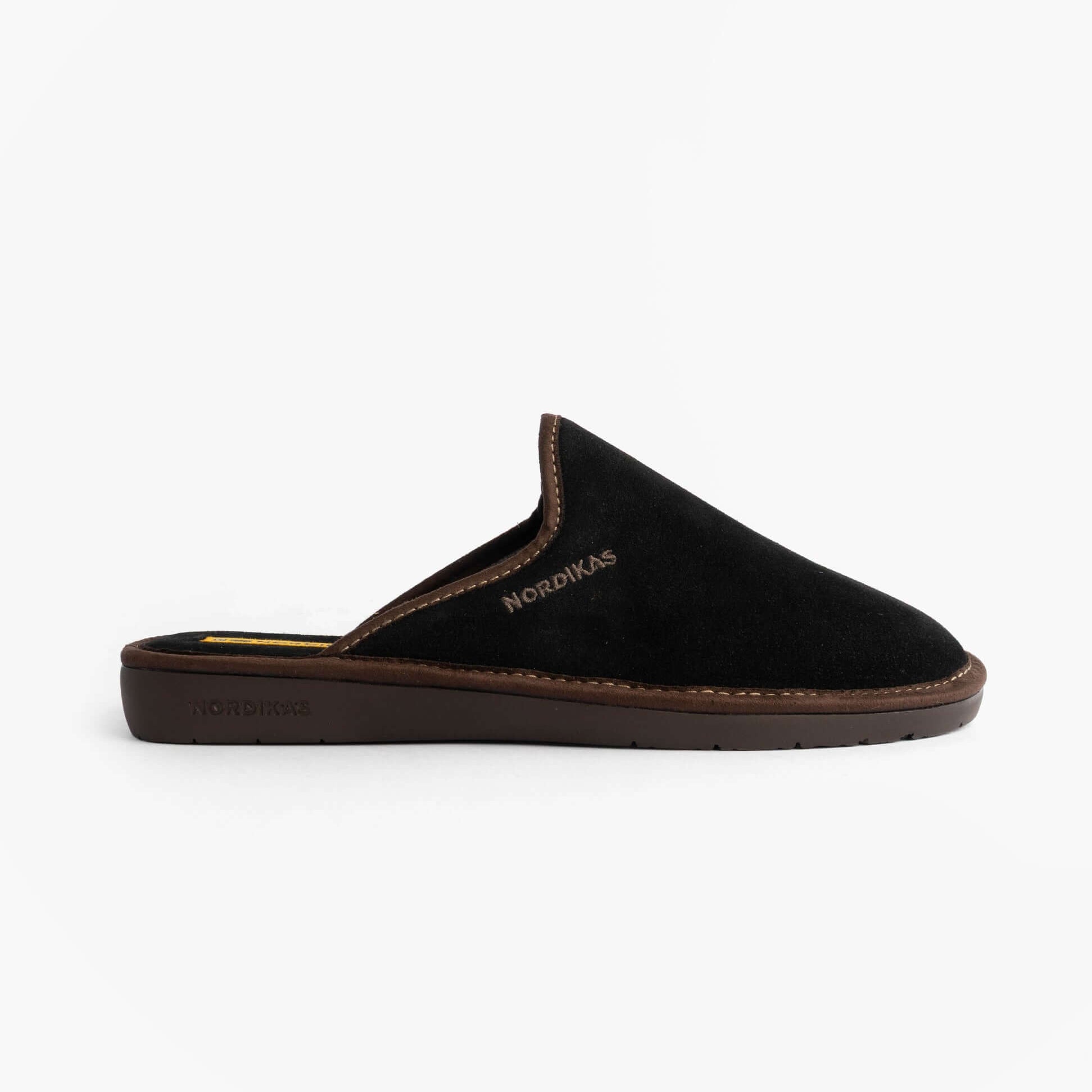 Nordikas 131 Mens Suede Mule Slippers Black side view showing suede upper and slip-on design
