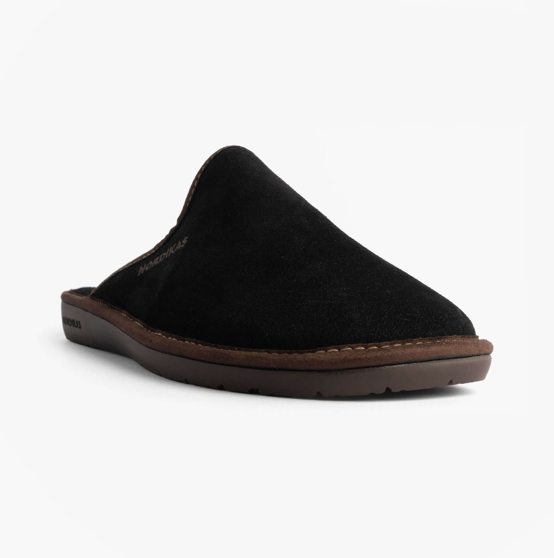 Nordikas 131 Mens Suede Mule Slippers Black side view showcasing the soft suede upper and slip-on design.