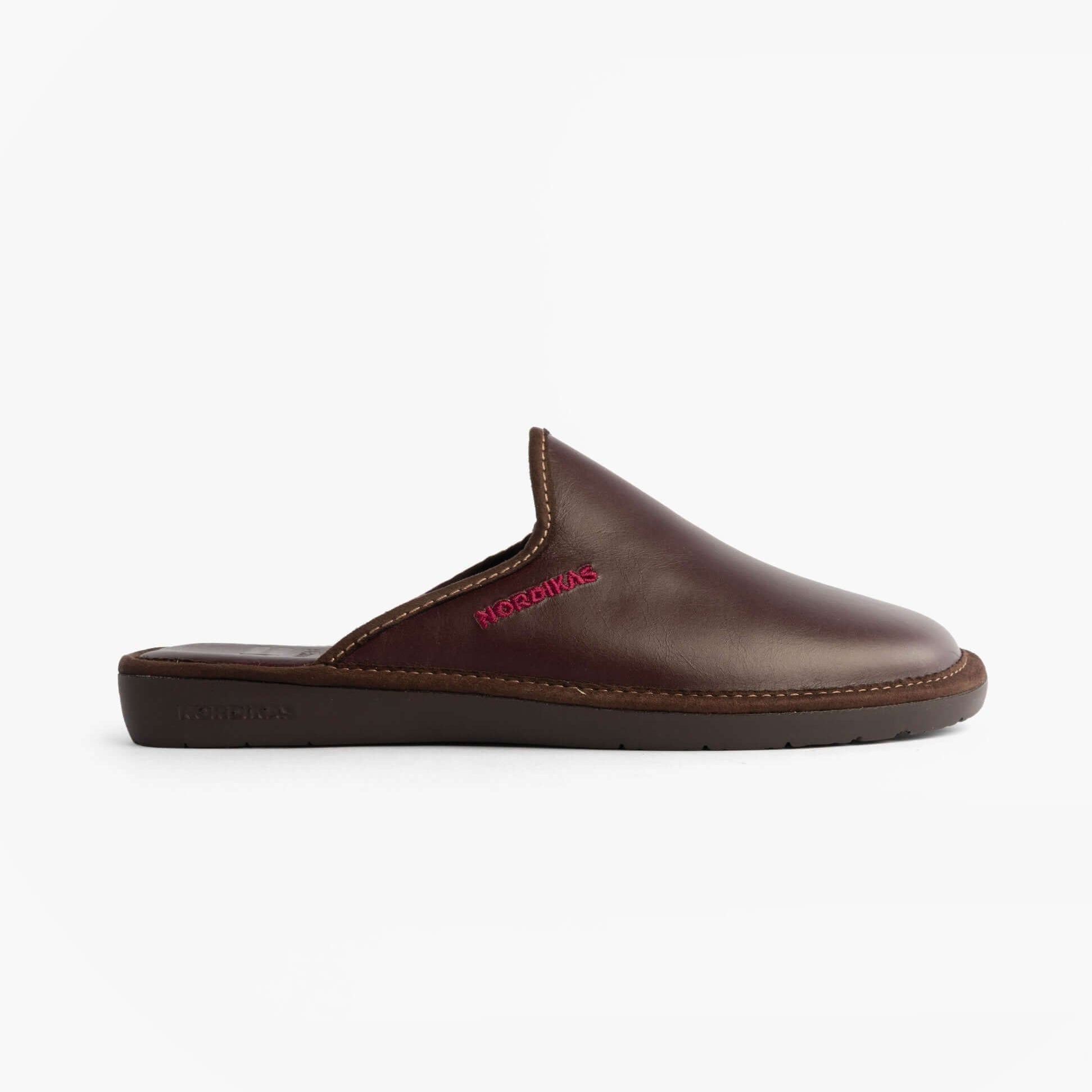Nordikas 131 Mens Leather Mule Slippers Bordo side view showing leather upper and comfortable slip-on design.