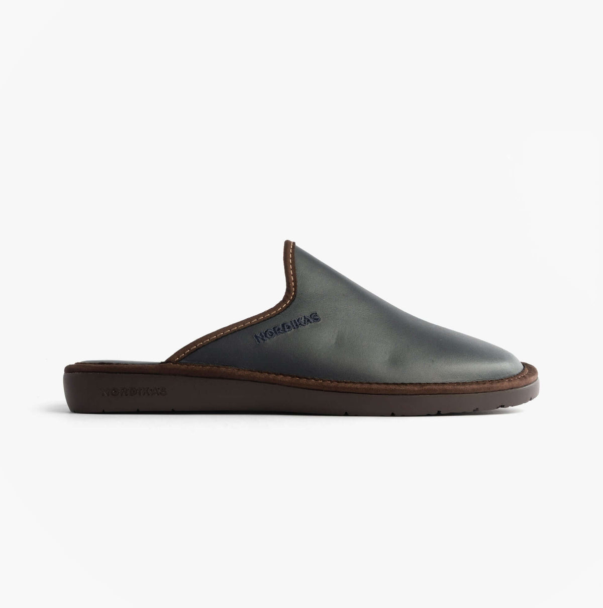 Nordikas 131 Mens Leather Mule Slippers Navy side view showcasing premium leather upper and comfortable slip-on design.