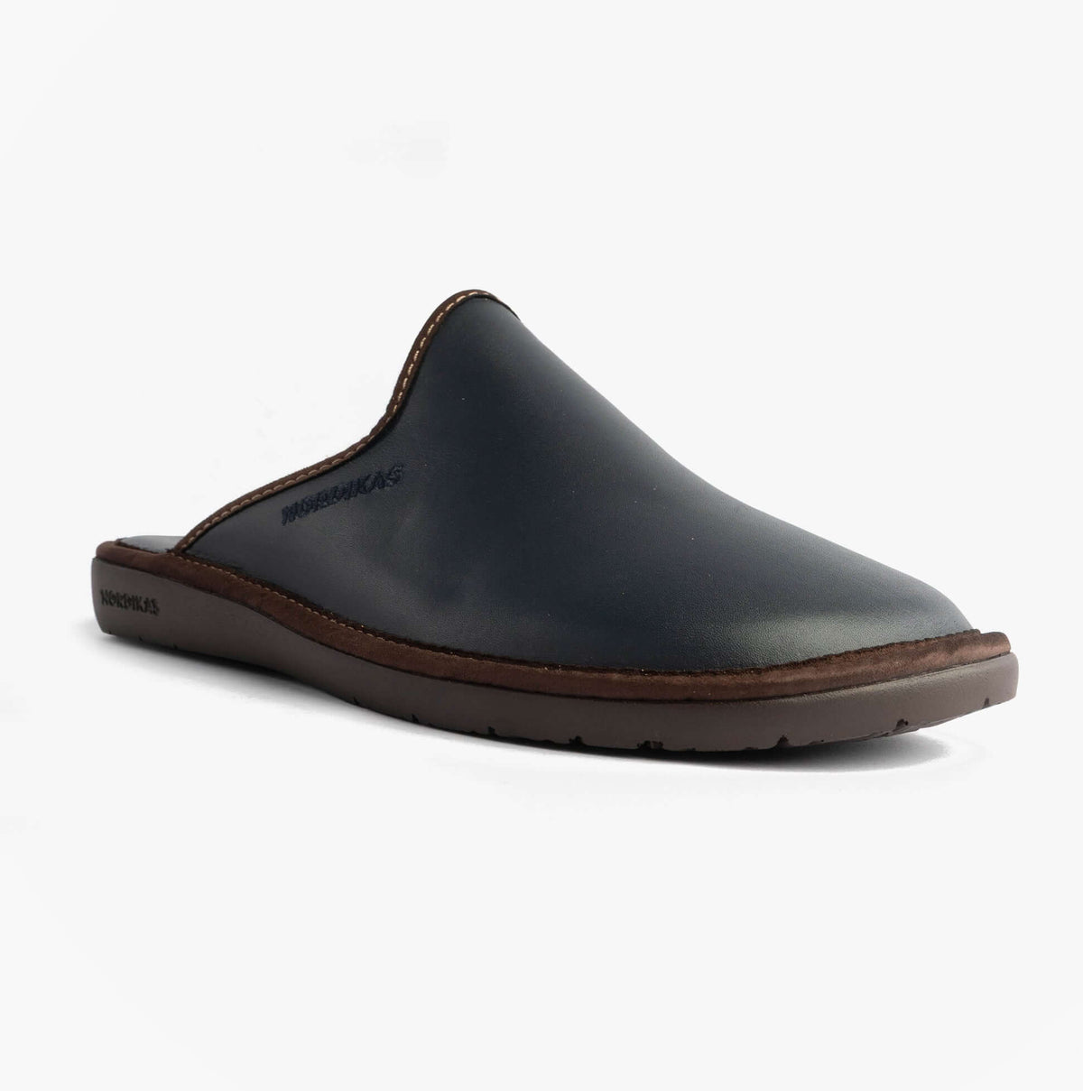 Nordikas 131 Mens Leather Mule Slippers Navy side view showcasing premium leather upper and rubber sole.