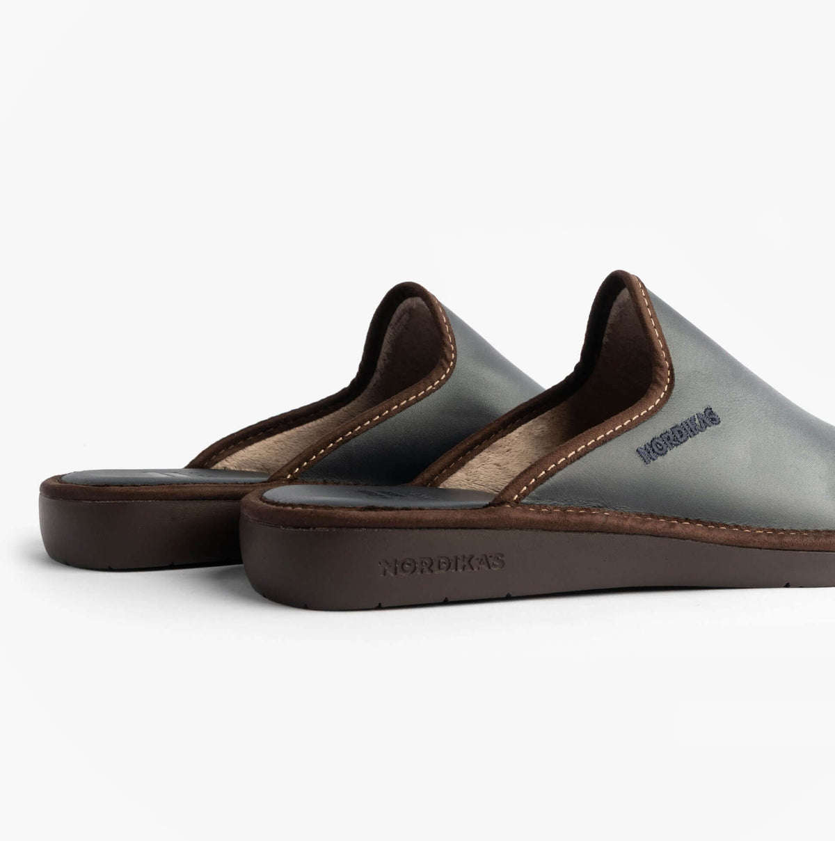 Nordikas 131 Mens Leather Mule Slippers Navy side view showcasing premium leather and slip-on design.