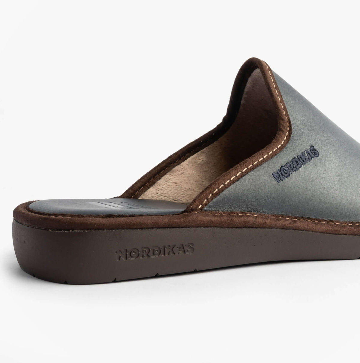 Nordikas 131 Mens Leather Mule Slippers Navy side view showcasing premium leather and slip-on design.