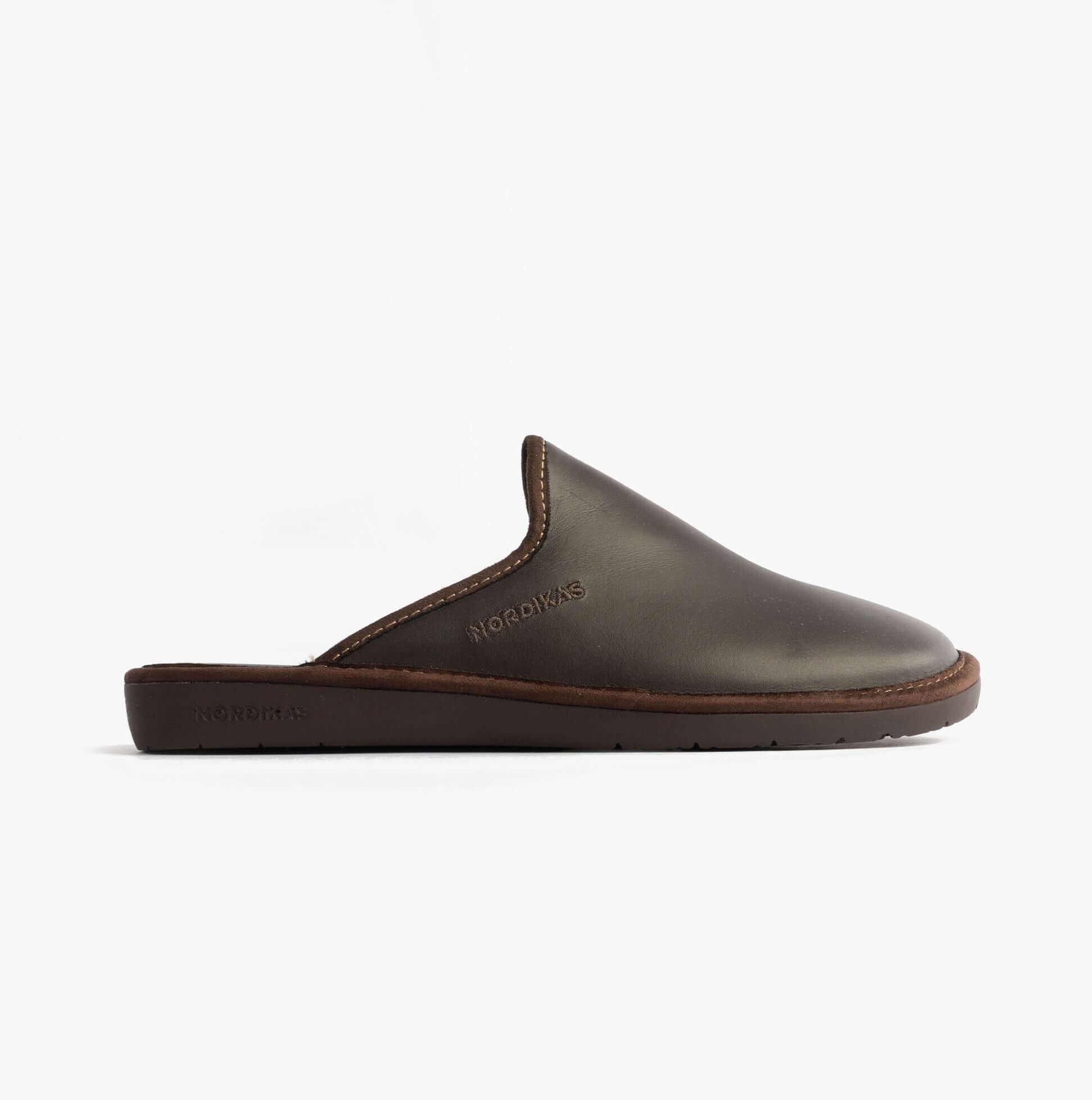 Nordikas 131 Mens Leather Mule Slippers Moka side view showcasing premium leather and slip-on design.