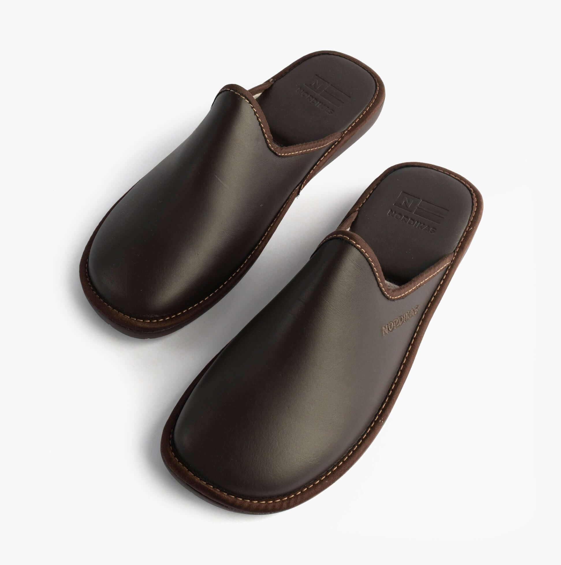 Nordikas 131 Mens Leather Mule Slippers Moka top view showcasing the premium brown leather and slip-on design.
