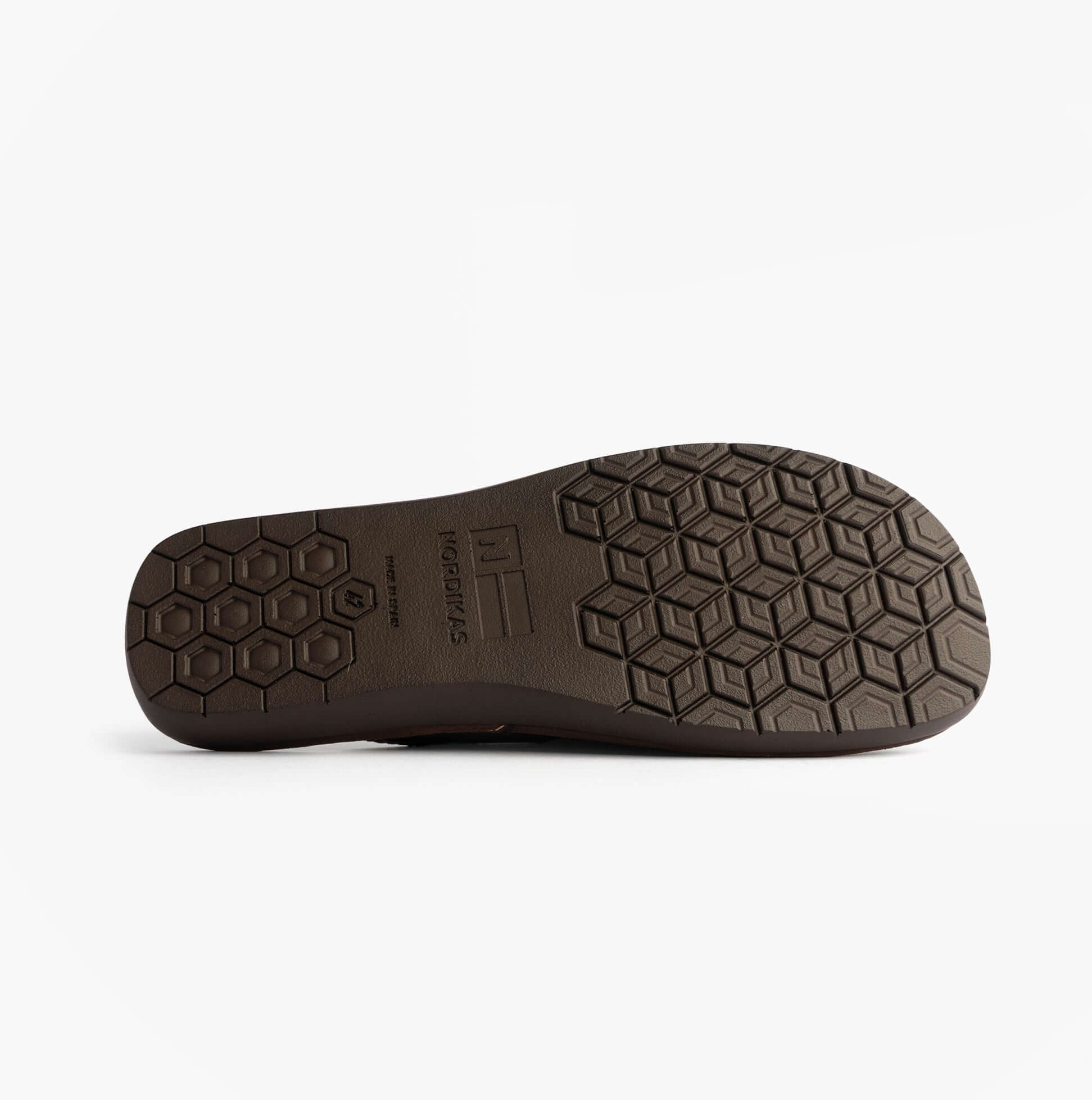 Nordikas 131 Mens Leather Mule Slippers Moka sole view with textured rubber design for enhanced grip.