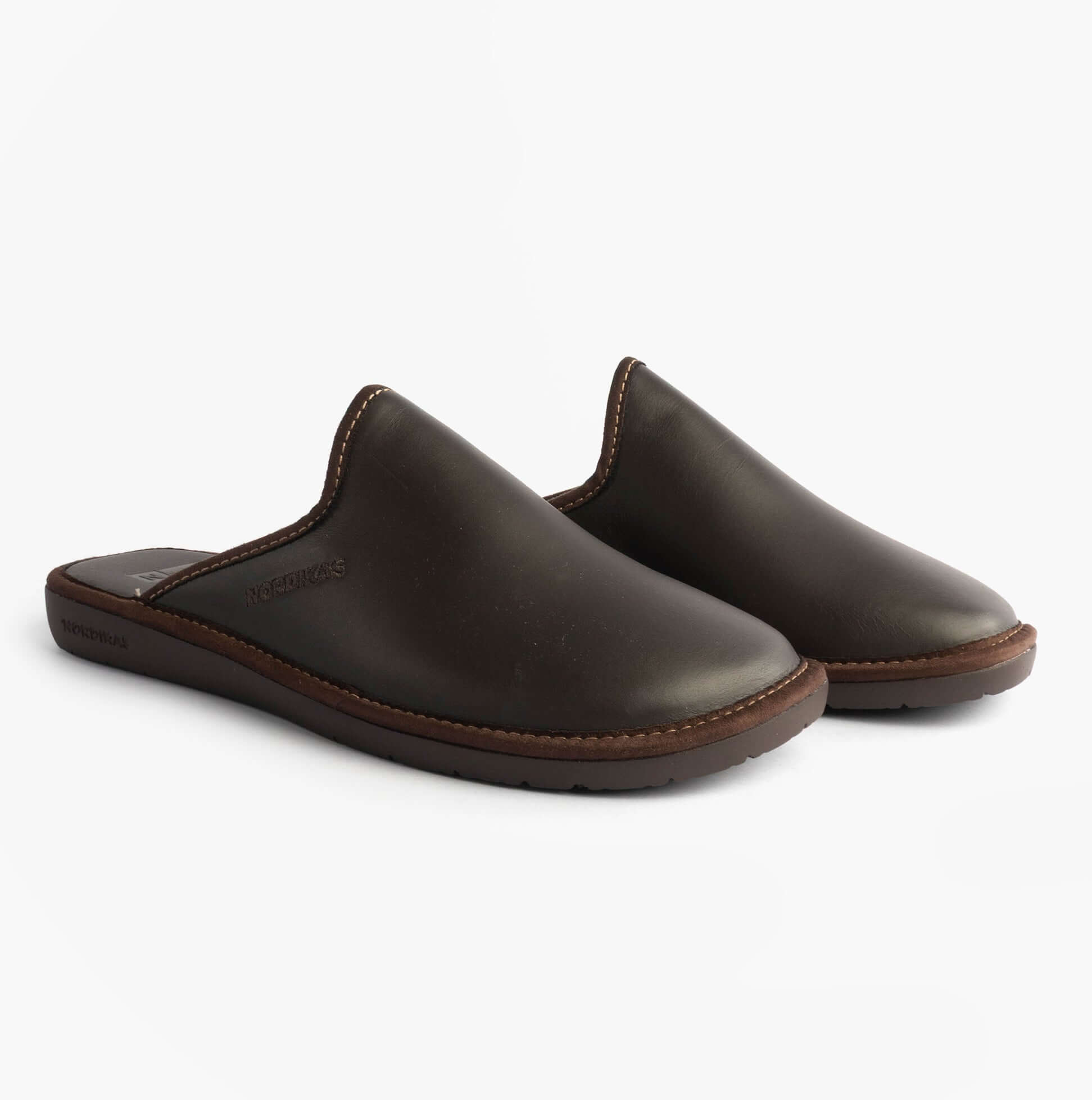 Nordikas 131 Mens Leather Mule Slippers Moka side view of brown leather slip-on mules with low top design.