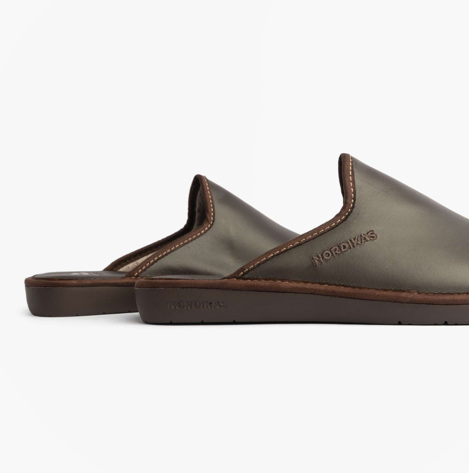 Nordikas 131 Mens Leather Mule Slippers Moka side view showcasing premium leather and slip-on design.
