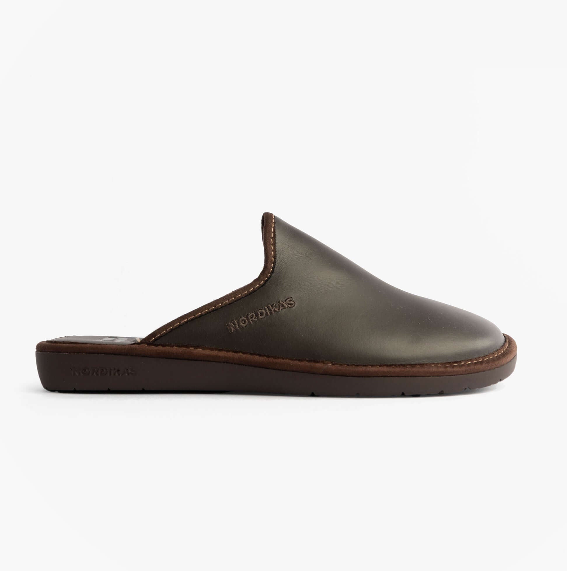 Nordikas 131 Mens Leather Mule Slippers Moka side view of leather slippers with brown and black color.