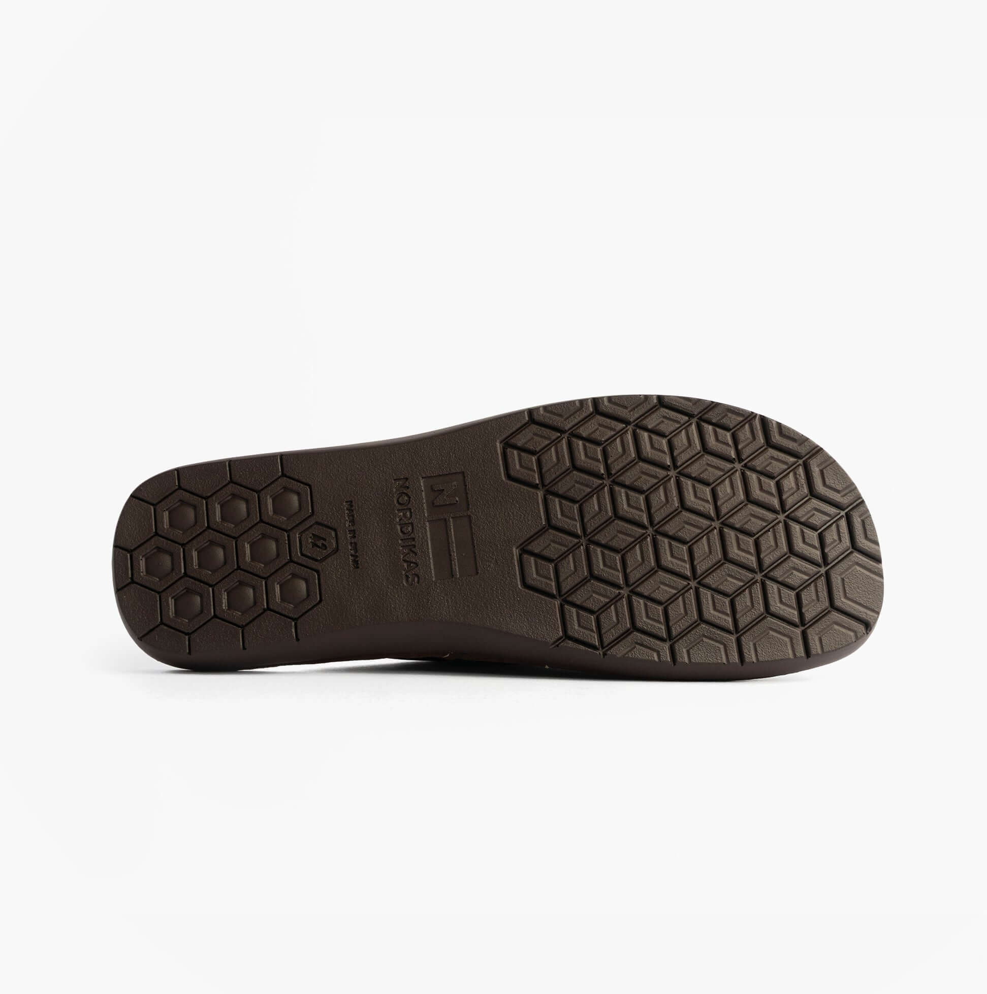 Nordikas 131 Mens Leather Mule Slippers Black sole view showcasing rubber texture and pattern.
