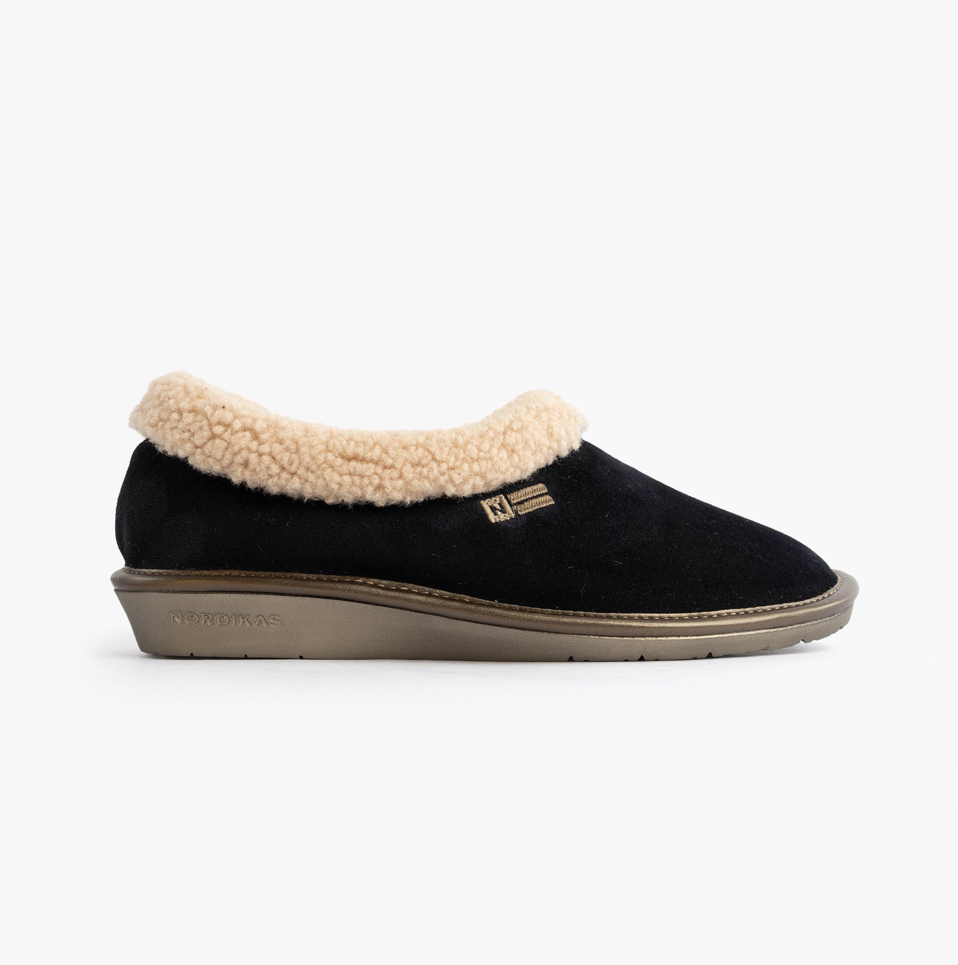 Nordikas 1754 Womens Full Fur Cuff Slippers Marine Blue side view showcasing suede leather and faux fur design.