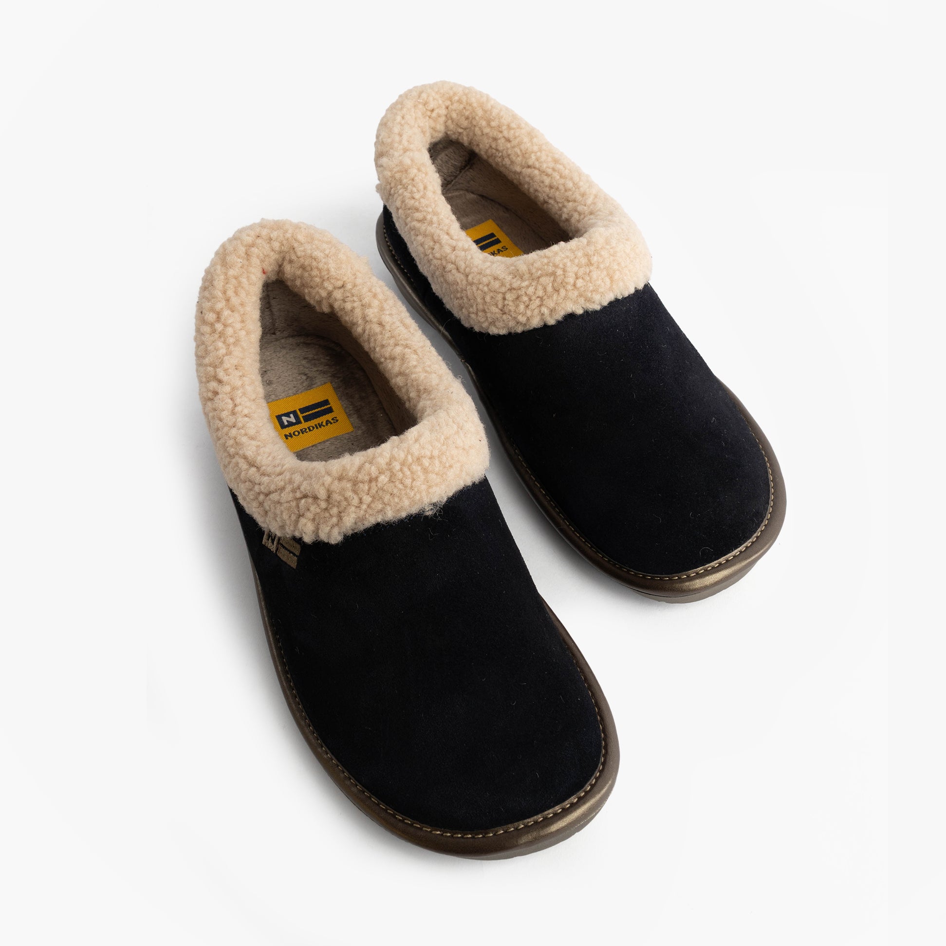Nordikas 1754 Womens Full Fur Cuff Slippers Marine Blue, side view showing suede leather and faux fur cuff.