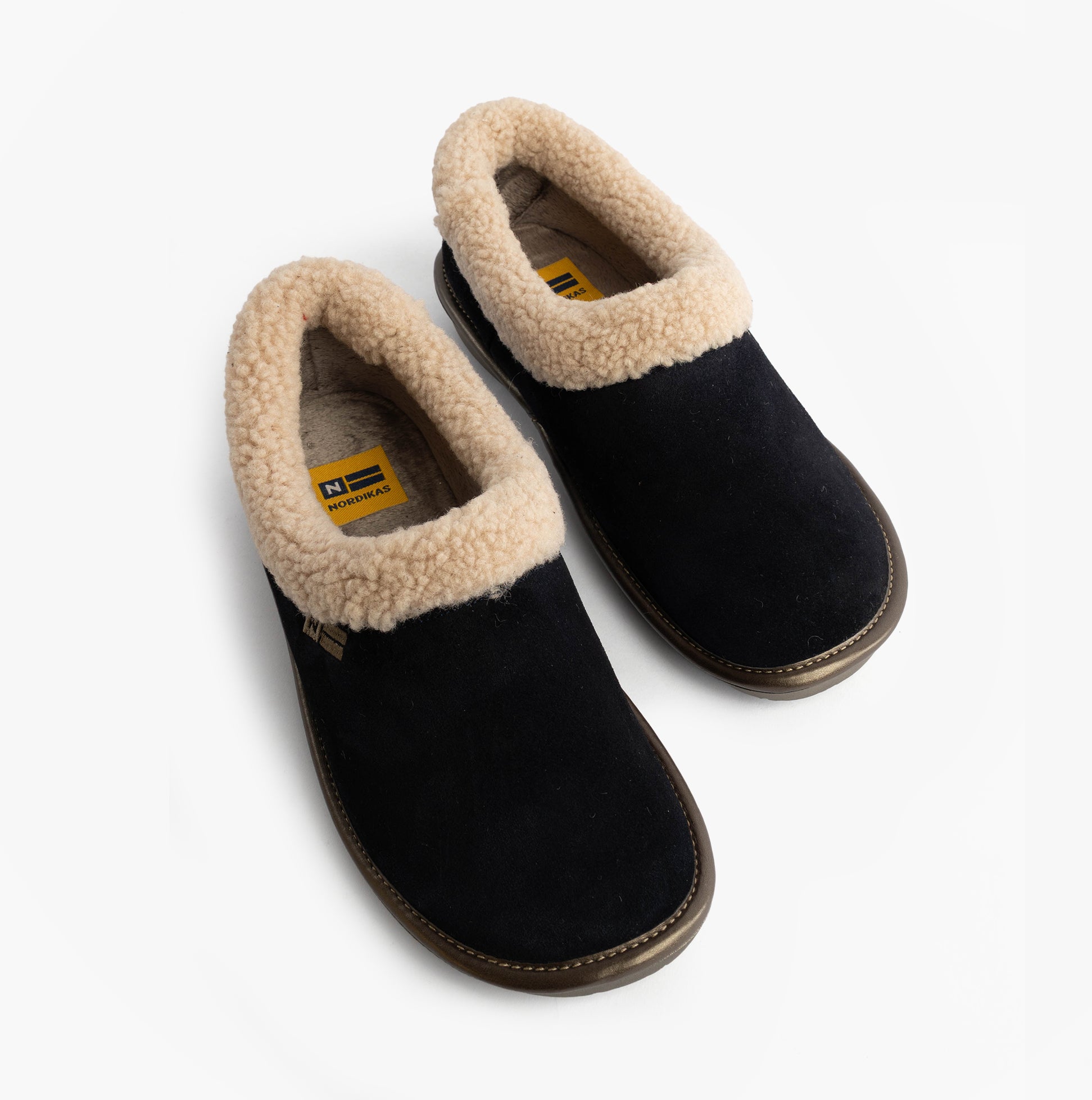 Nordikas 1754 Womens Full Fur Cuff Slippers Marine Blue, side view showing suede leather and faux fur cuff.