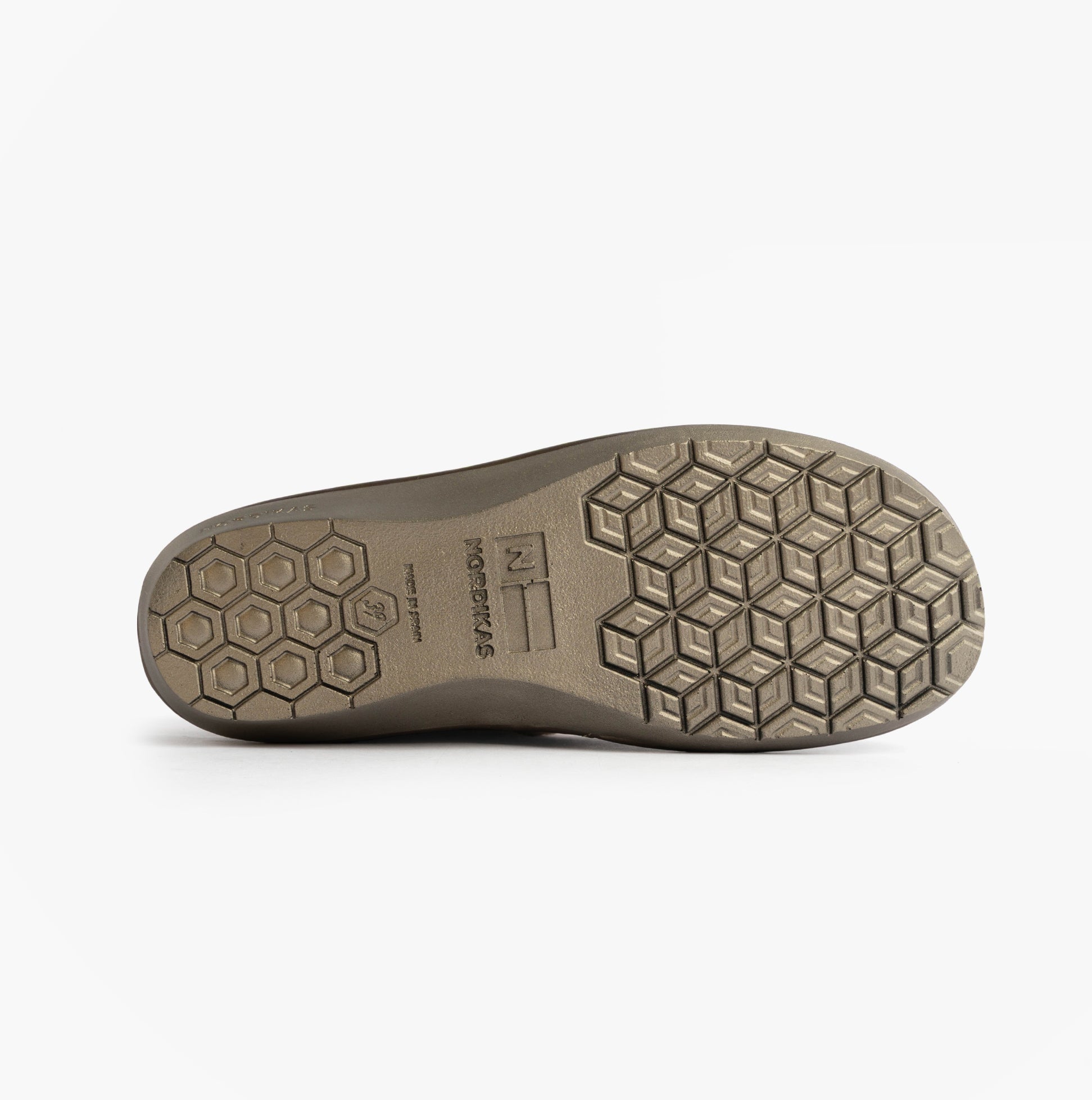 Nordikas 1754 Womens Full Fur Cuff Slippers Marine Blue sole view showcasing rubber sole and hexagon pattern.