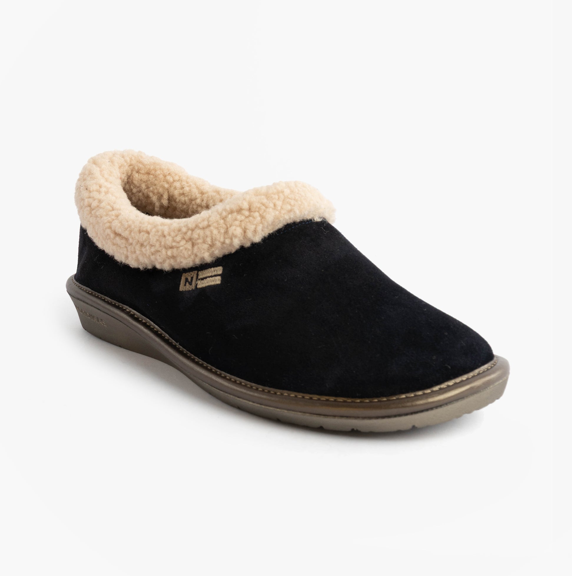 Nordikas 1754 Womens Full Fur Cuff Slippers Marine Blue front view showing suede upper and faux fur cuff.
