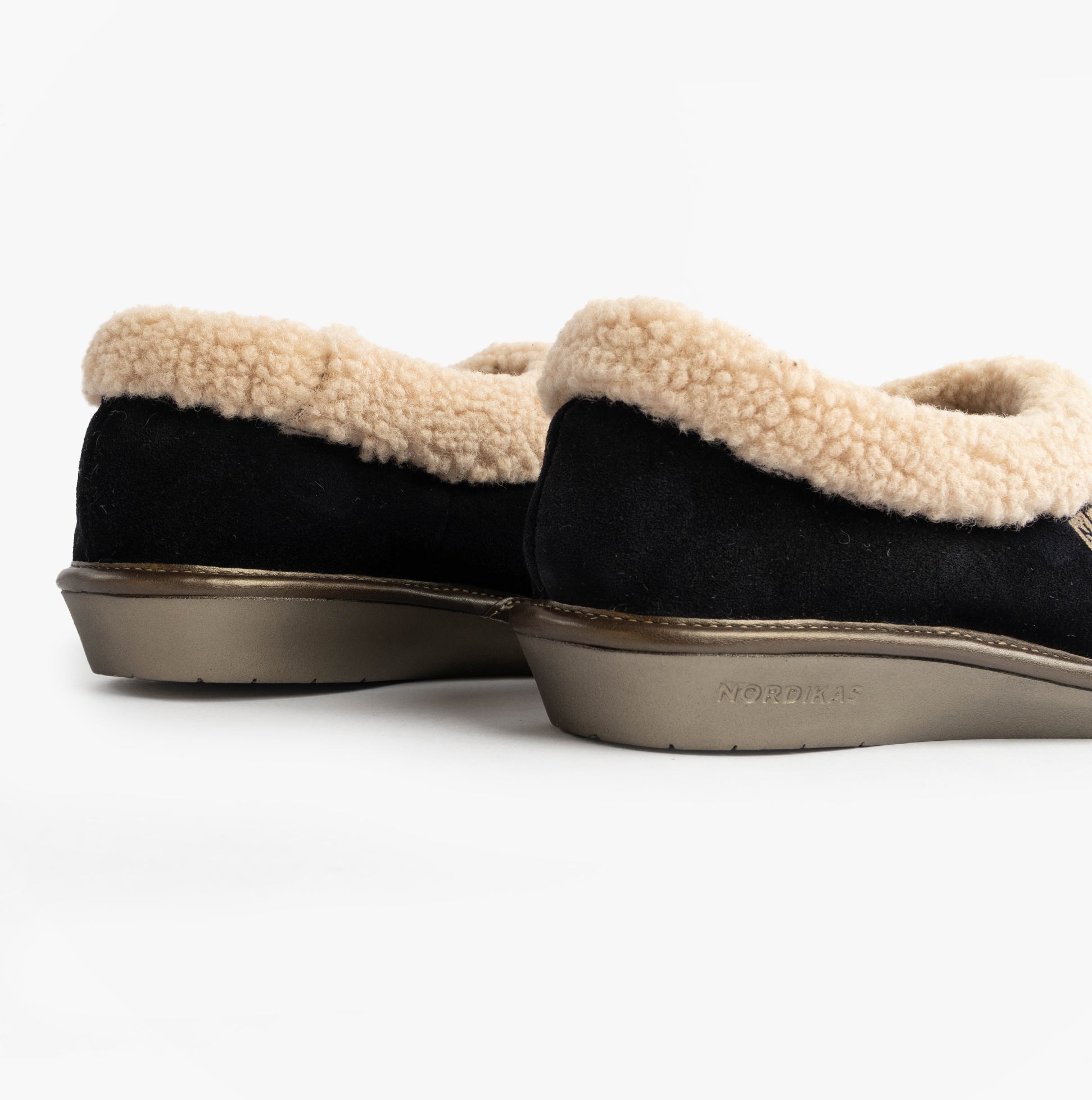 Nordikas 1754 Womens Full Fur Cuff Slippers Marine Blue side view showing suede leather and faux fur cuff.