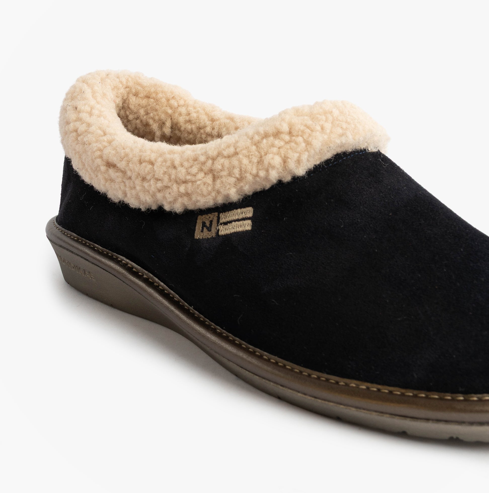 Nordikas 1754 Womens Full Fur Cuff Slippers Marine Blue side view with faux fur lining and suede leather upper.