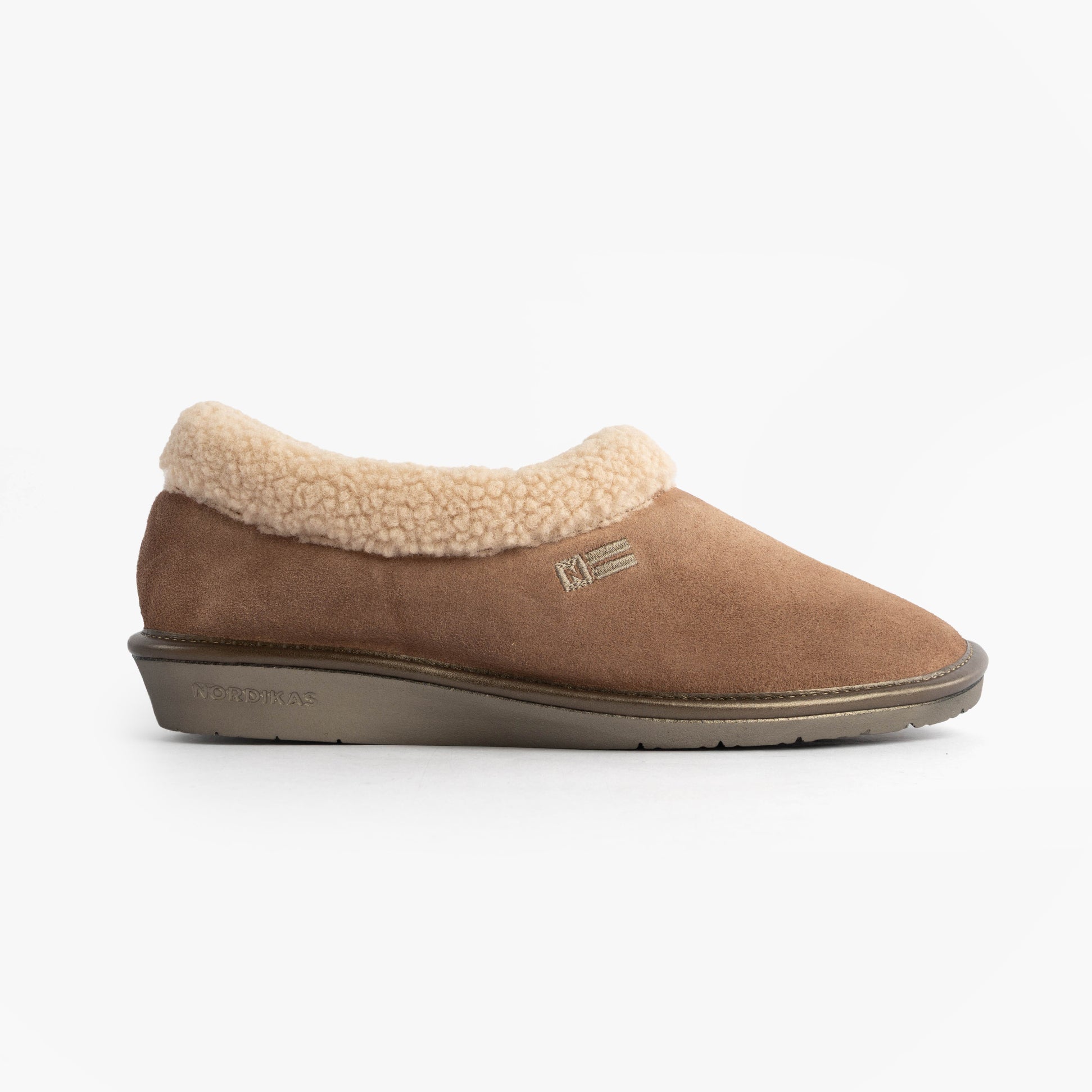 Nordikas 1754 Womens Full Fur Cuff Slippers Piedra side view showcasing the soft suede and faux fur lining.