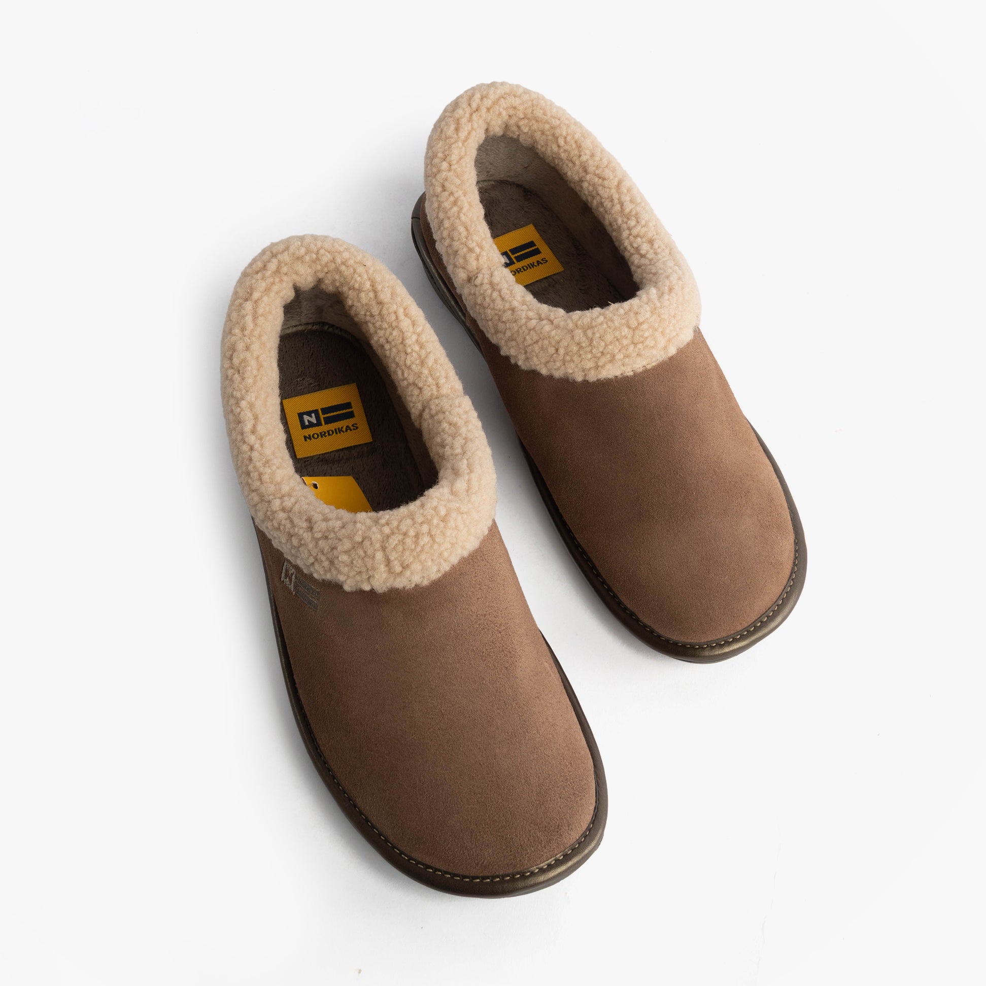 Nordikas 1754 Womens Full Fur Cuff Slippers Piedra top view of slippers with suede upper and faux fur cuff.