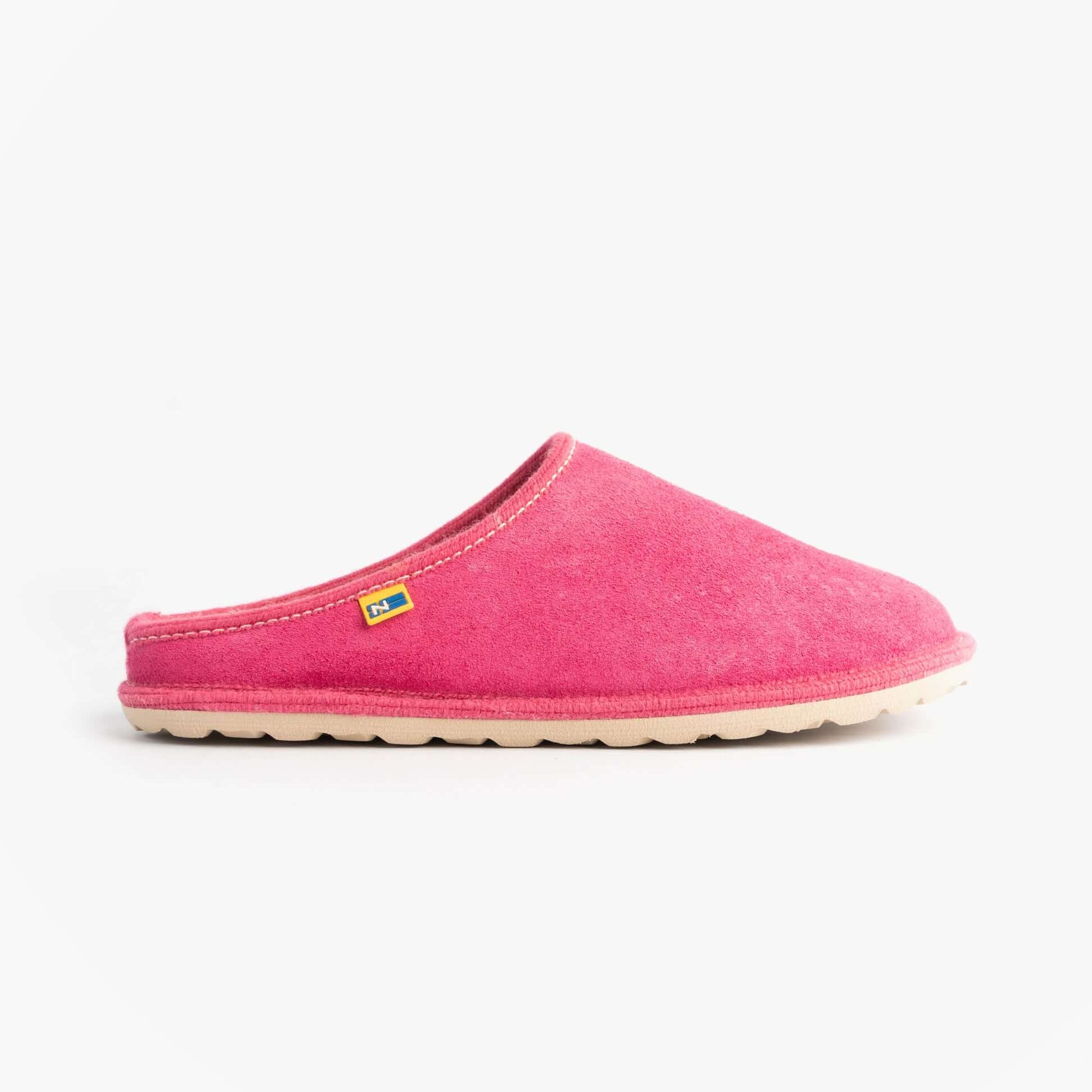 Nordikas 2083 Womens Fur Lined Mule Slippers Pink side view showcasing suede upper and rubber sole.