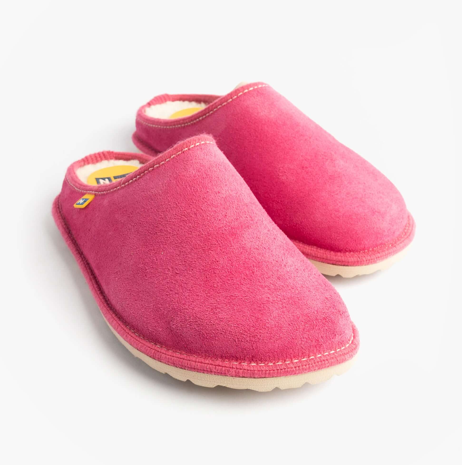 Nordikas 2083 Womens Fur Lined Mule Slippers Pink side view showing suede upper and round toe design.