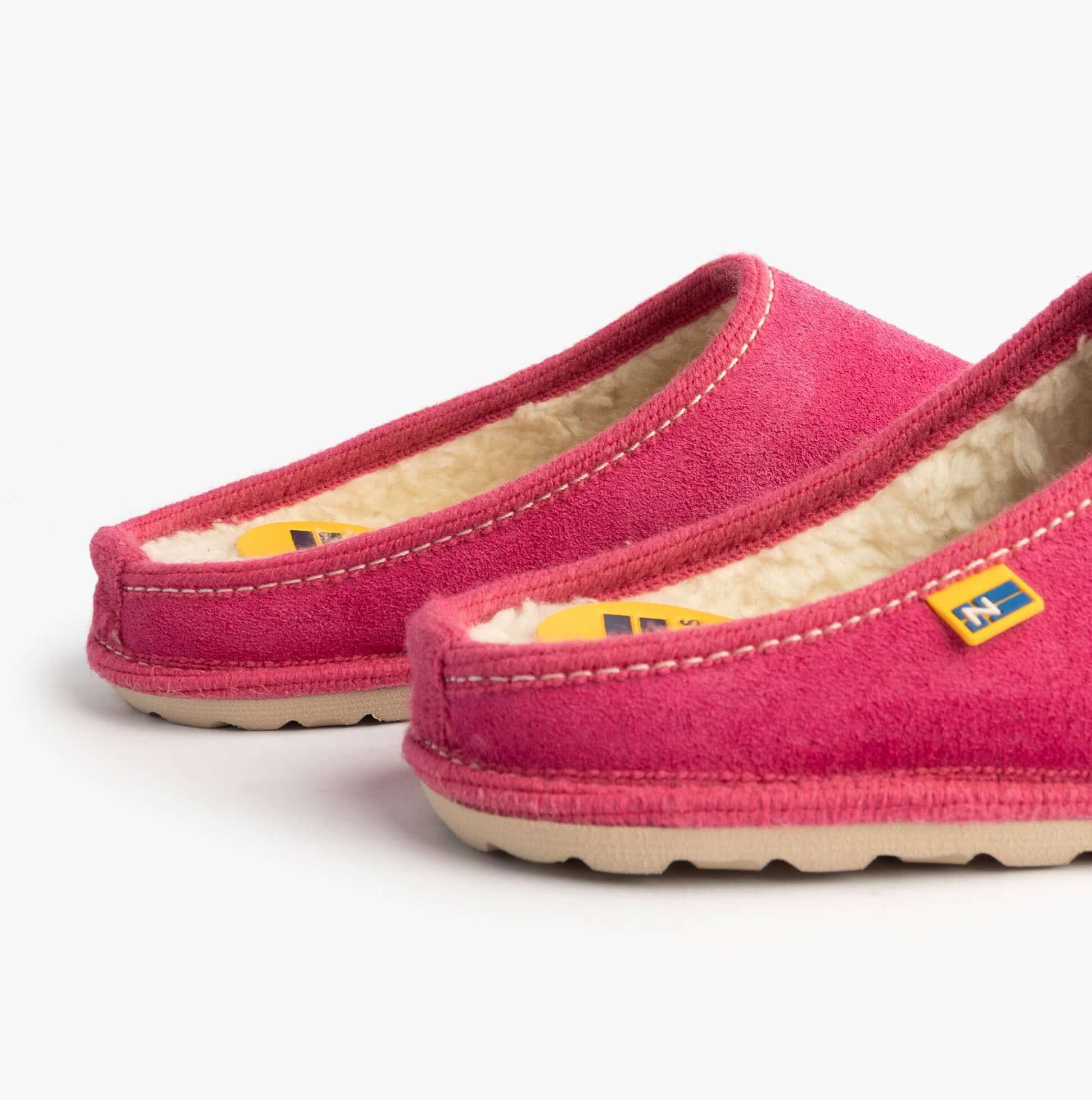 Nordikas 2083 Womens Fur Lined Mule Slippers Pink side view showing suede upper and fur lining detail