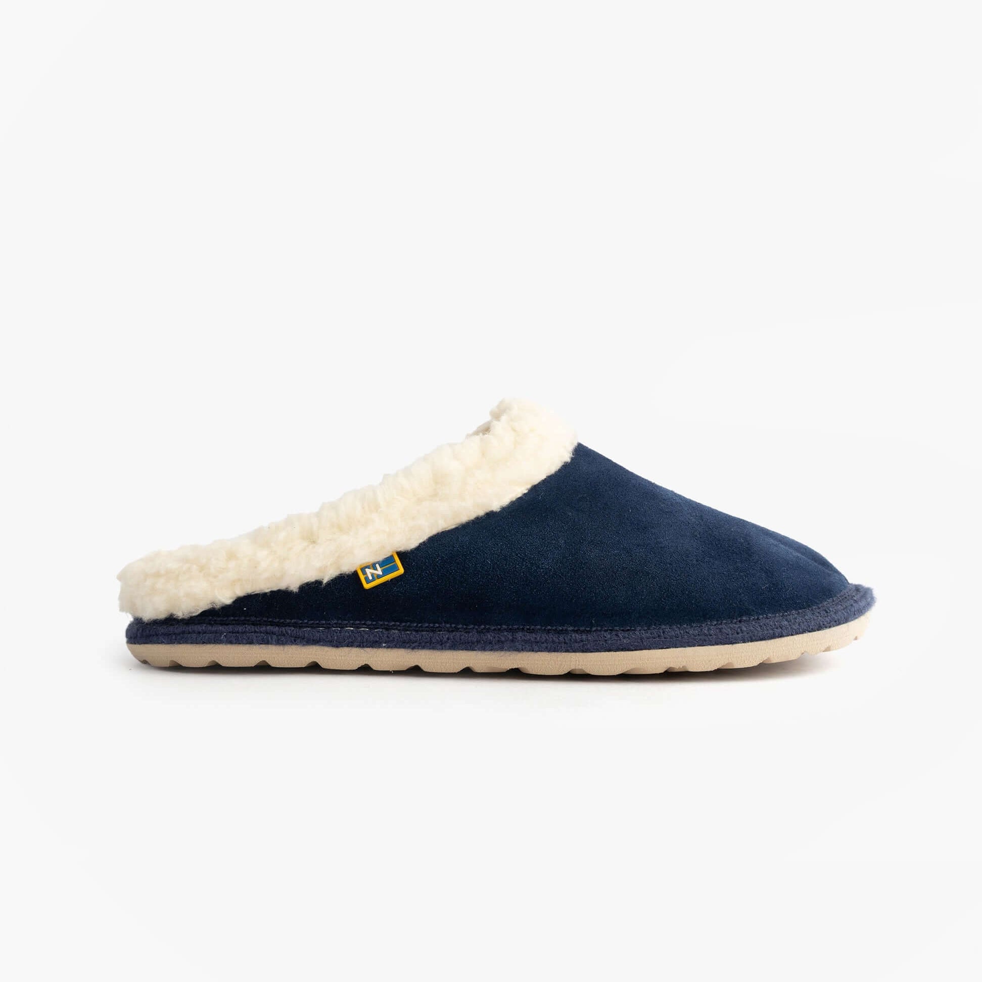 Nordikas 2087 Womens Suede Mule Slippers Indigo side view showing soft suede upper and plush lining.