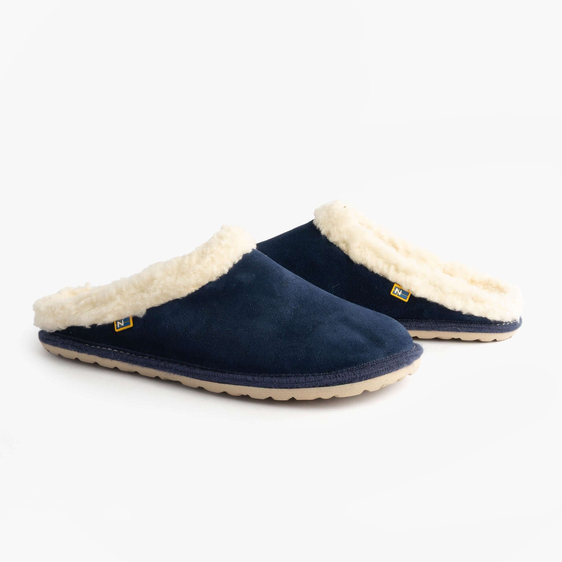 Nordikas 2087 Womens Suede Mule Slippers Indigo side view showing soft lining and rubber sole.