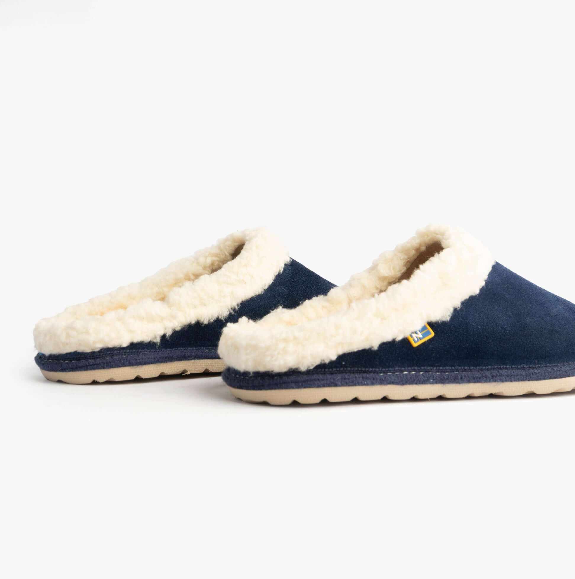 Nordikas 2087 Womens Suede Mule Slippers Indigo side view, featuring soft shearling lining and rubber sole.