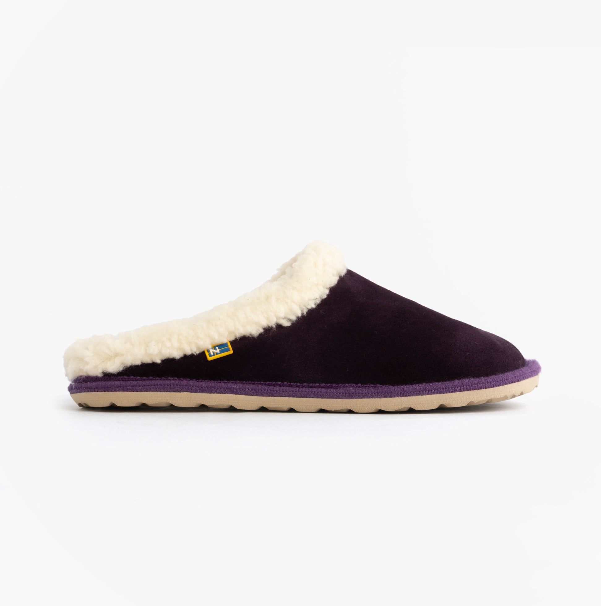 Nordikas 2087 Womens Suede Mule Slippers Purple side view showing faux fur lining and rubber sole.