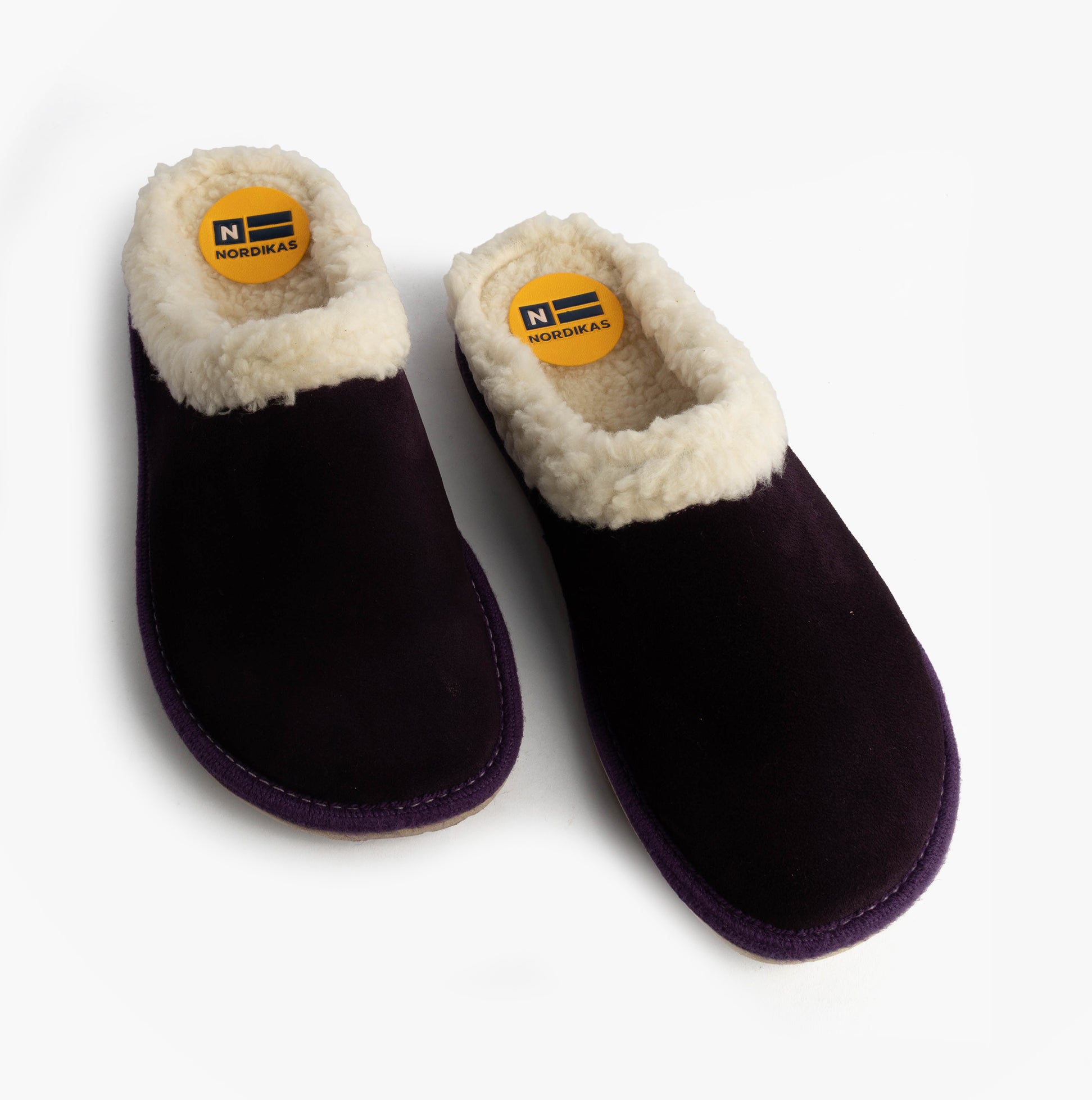 Nordikas 2087 Womens Suede Mule Slippers Purple, top view featuring faux fur lining and suede upper.