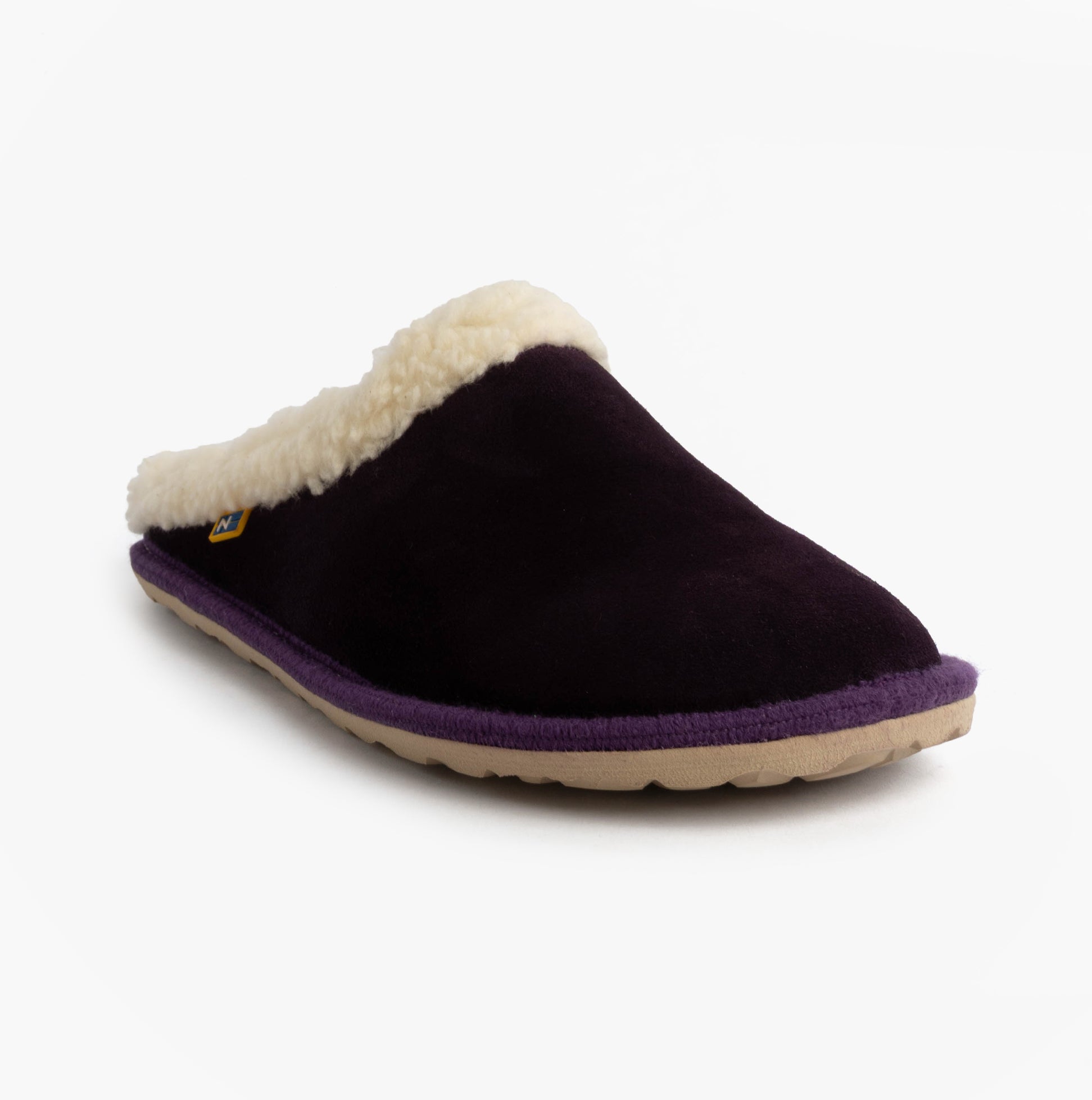 Nordikas 2087 Womens Suede Mule Slippers Purple side view showcasing suede upper and faux fur lining.