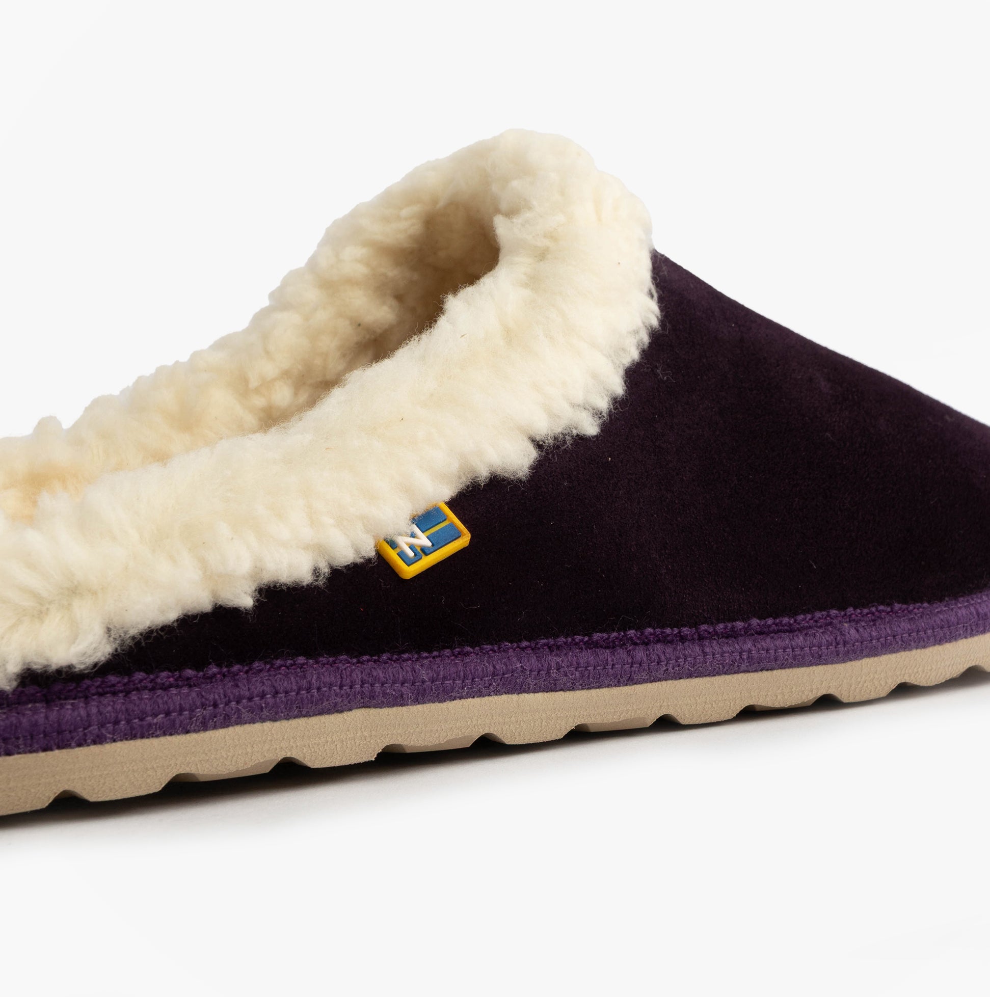 Nordikas 2087 Womens Suede Mule Slippers Purple side view highlighting soft faux fur lining and suede upper.