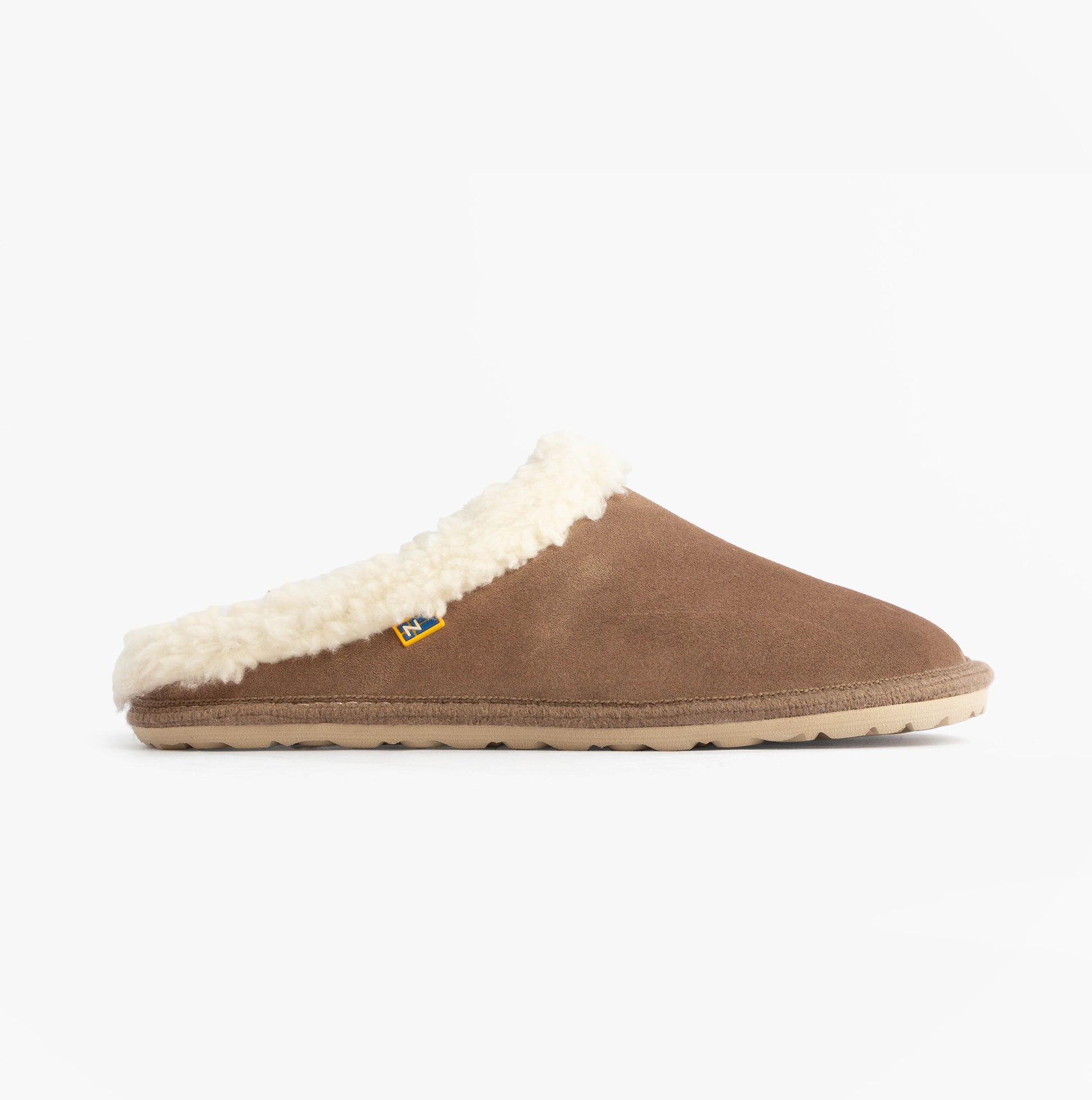 Nordikas 2087 Womens Suede Mule Slippers Piedra side view showing soft suede upper and faux fur lining.