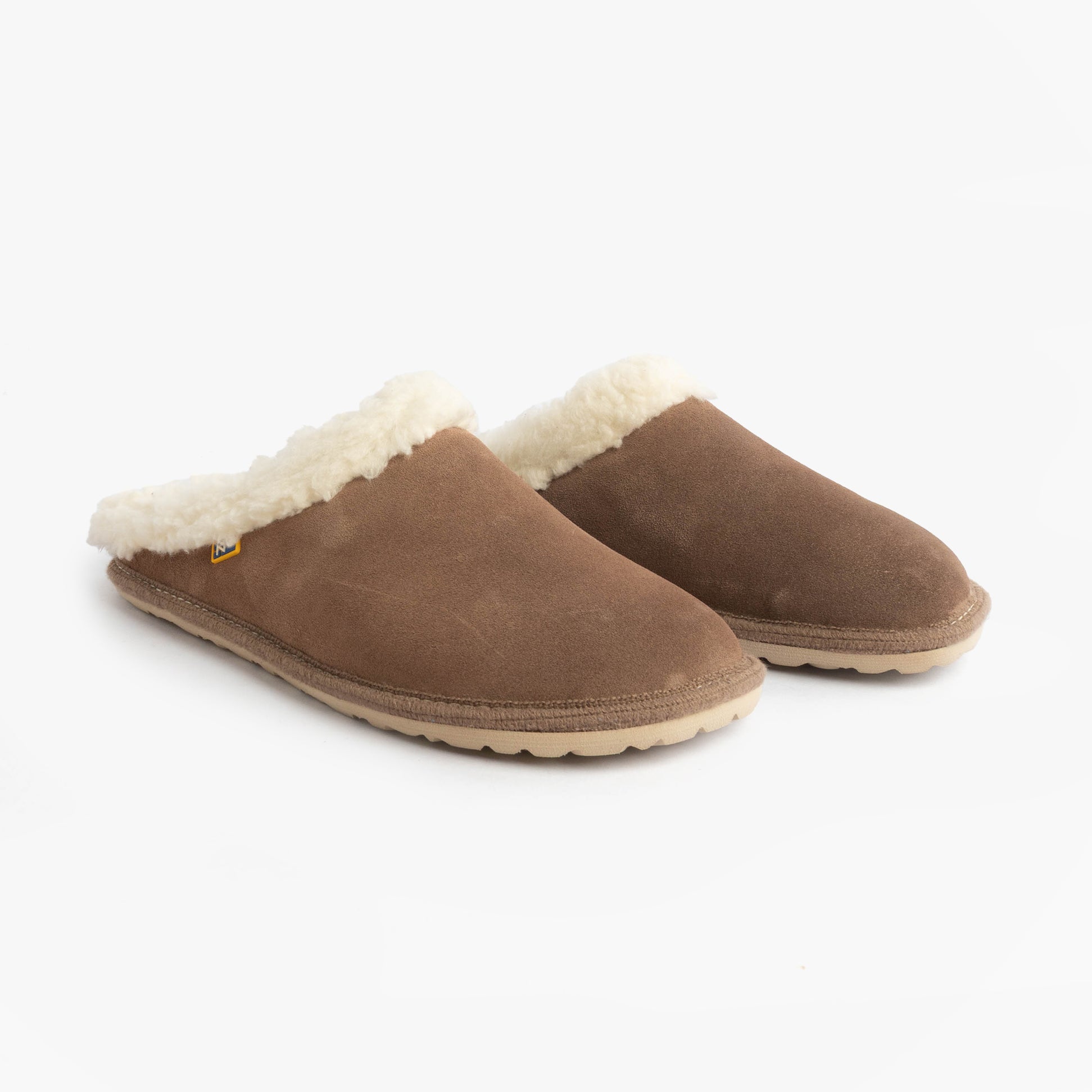 Nordikas 2087 Womens Suede Mule Slippers Piedra side view with faux fur lining and rubber sole in brown color.