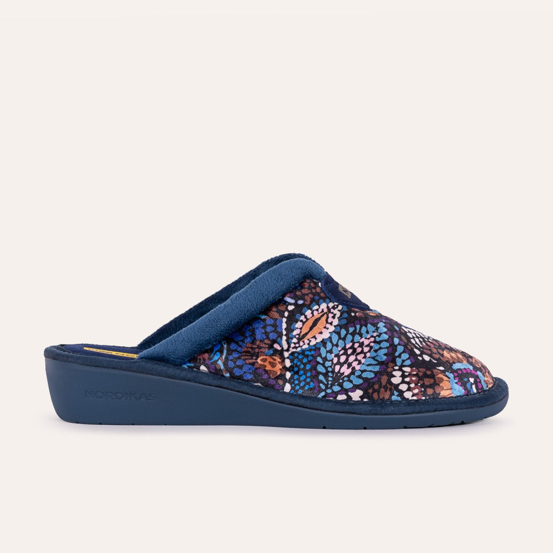 Nordikas 2155 Womens Mule Slippers Multi side view showing floral textile upper and wedge heel.