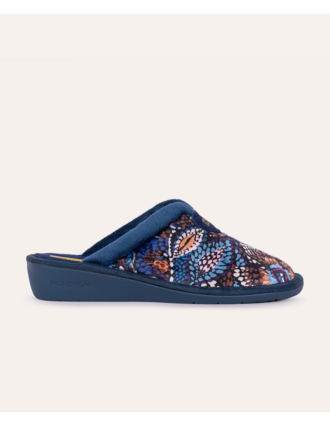 Nordikas 2155 Womens Mule Slippers Multi side view showing floral textile upper and wedge heel.