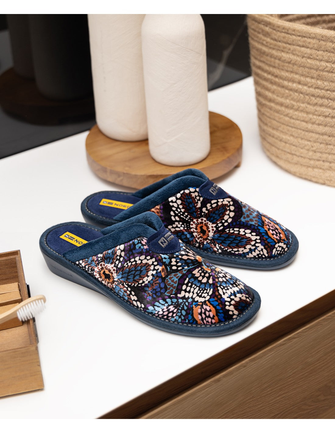 Nordikas 2155 Womens Mule Slippers Multi side view showcasing colorful floral design on textile upper and comfortable slip-on style.