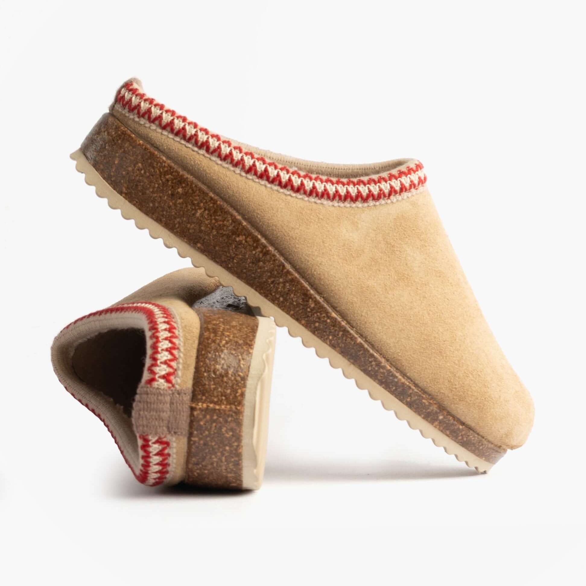 Nordikas 2247 Womens Suede Mule Slippers Beige side view and angled detail with a red and beige design.