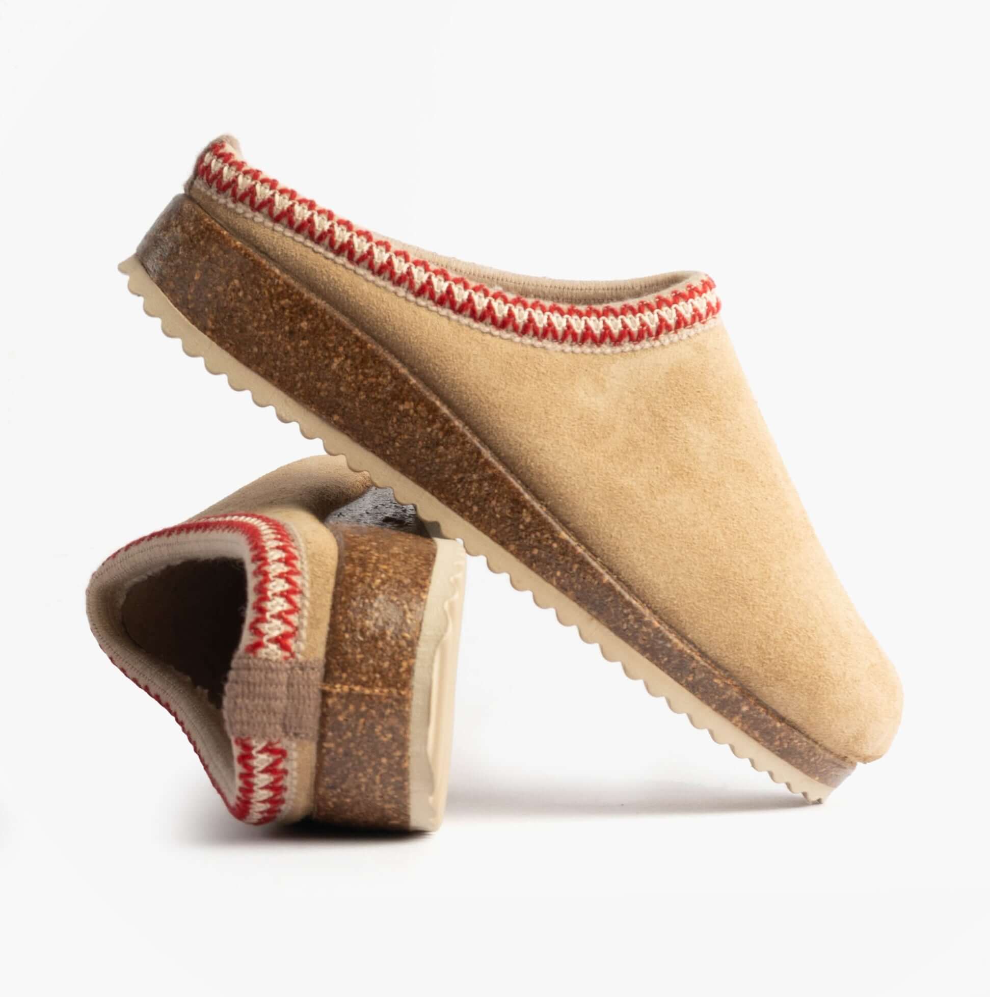 Nordikas 2247 Womens Suede Mule Slippers Beige side view and angled detail with a red and beige design.