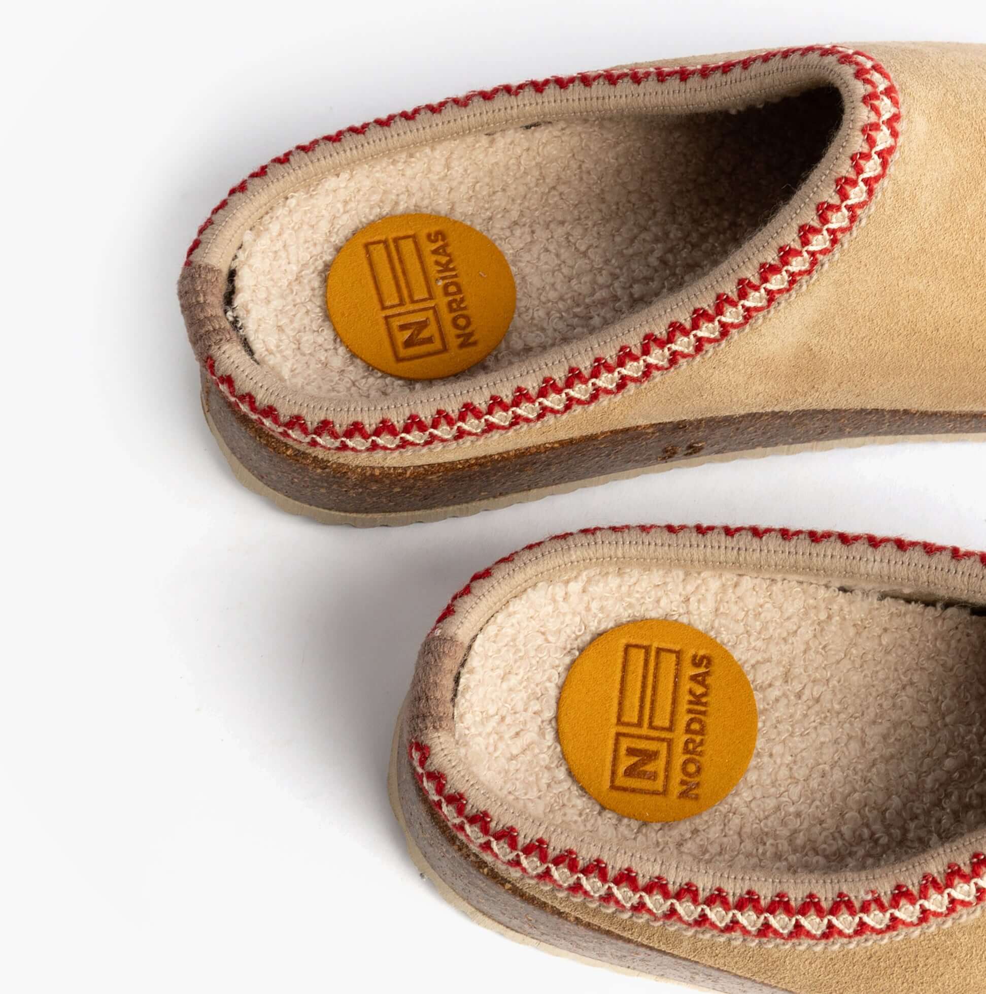 Nordikas 2247 Womens Suede Mule Slippers Beige detail view showing soft lining and stitching detail.