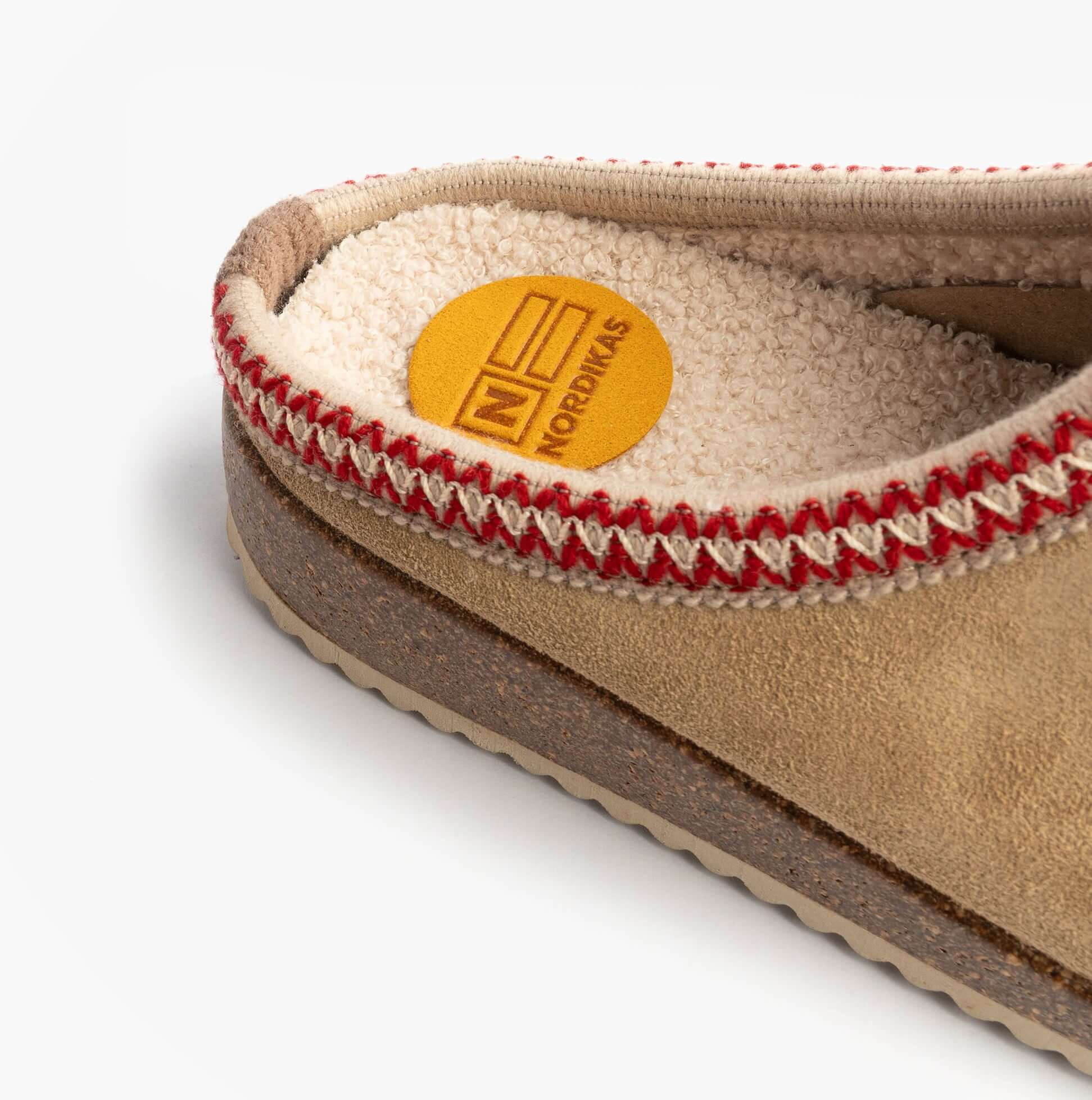 Nordikas 2247 Womens Suede Mule Slippers Beige detail view of the inside material and stitching