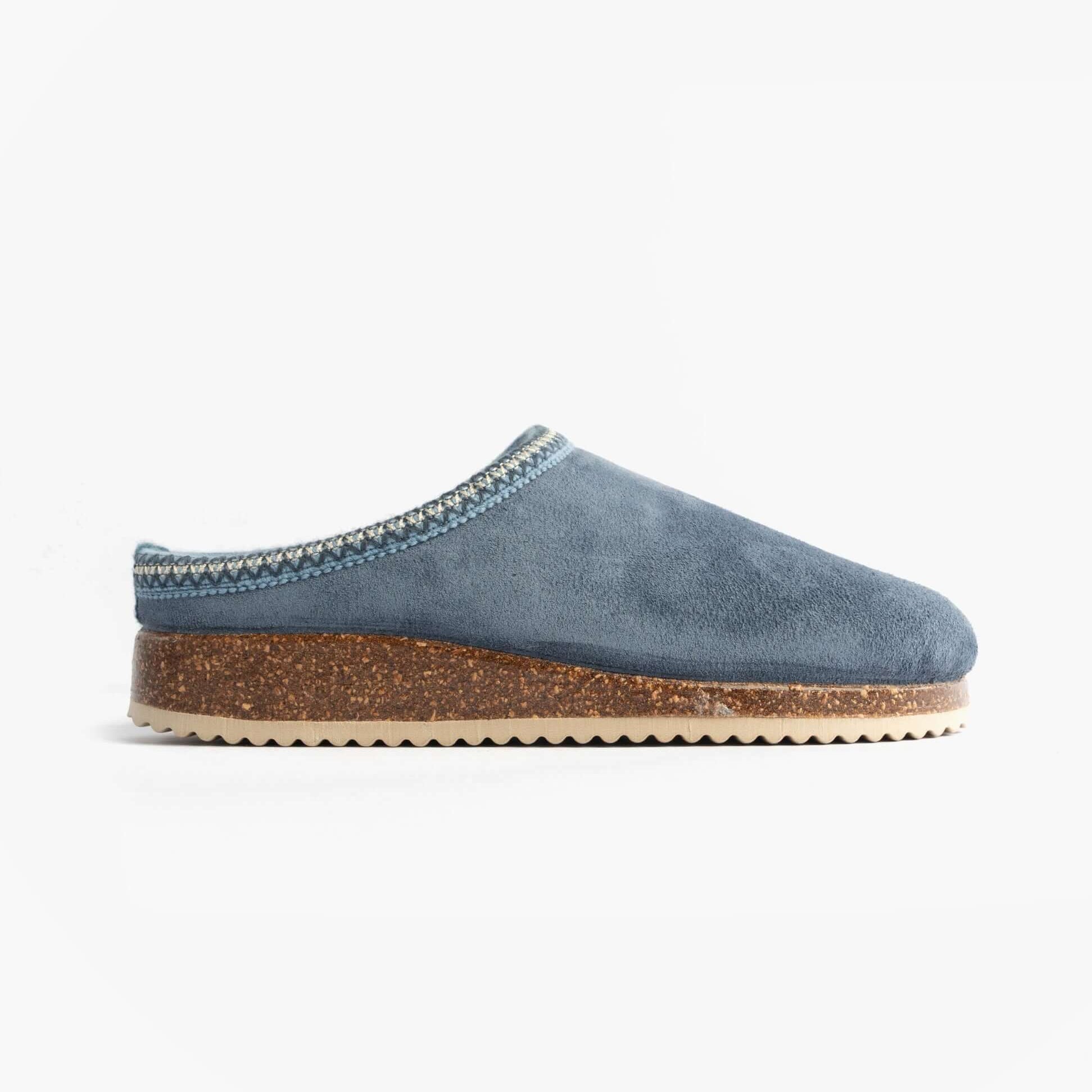Nordikas 2247 Womens Suede Mule Slippers Denim side view showing soft suede upper and low rubber sole.