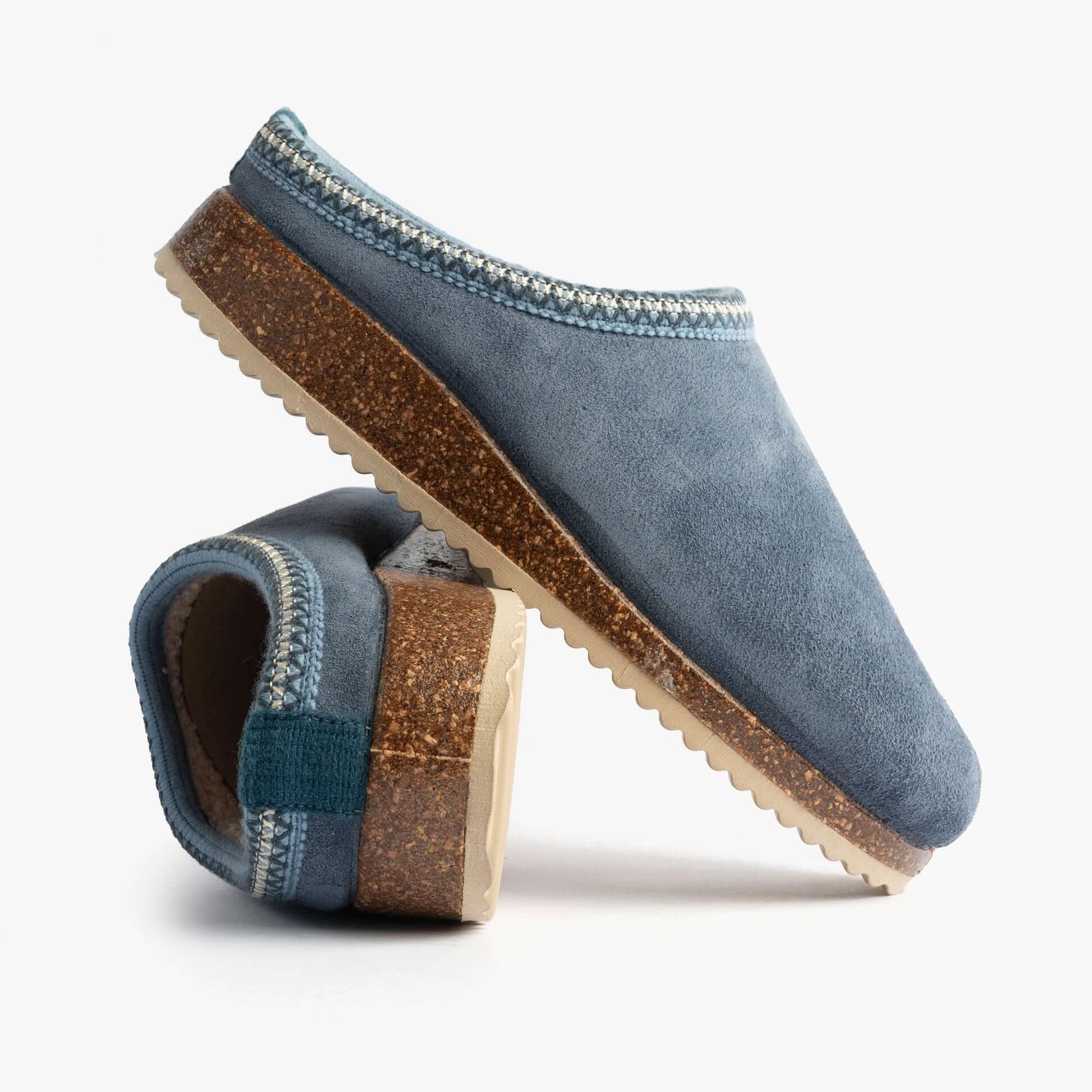Nordikas 2247 Womens Suede Mule Slippers Denim side view and angled detail showing the soft suede material.