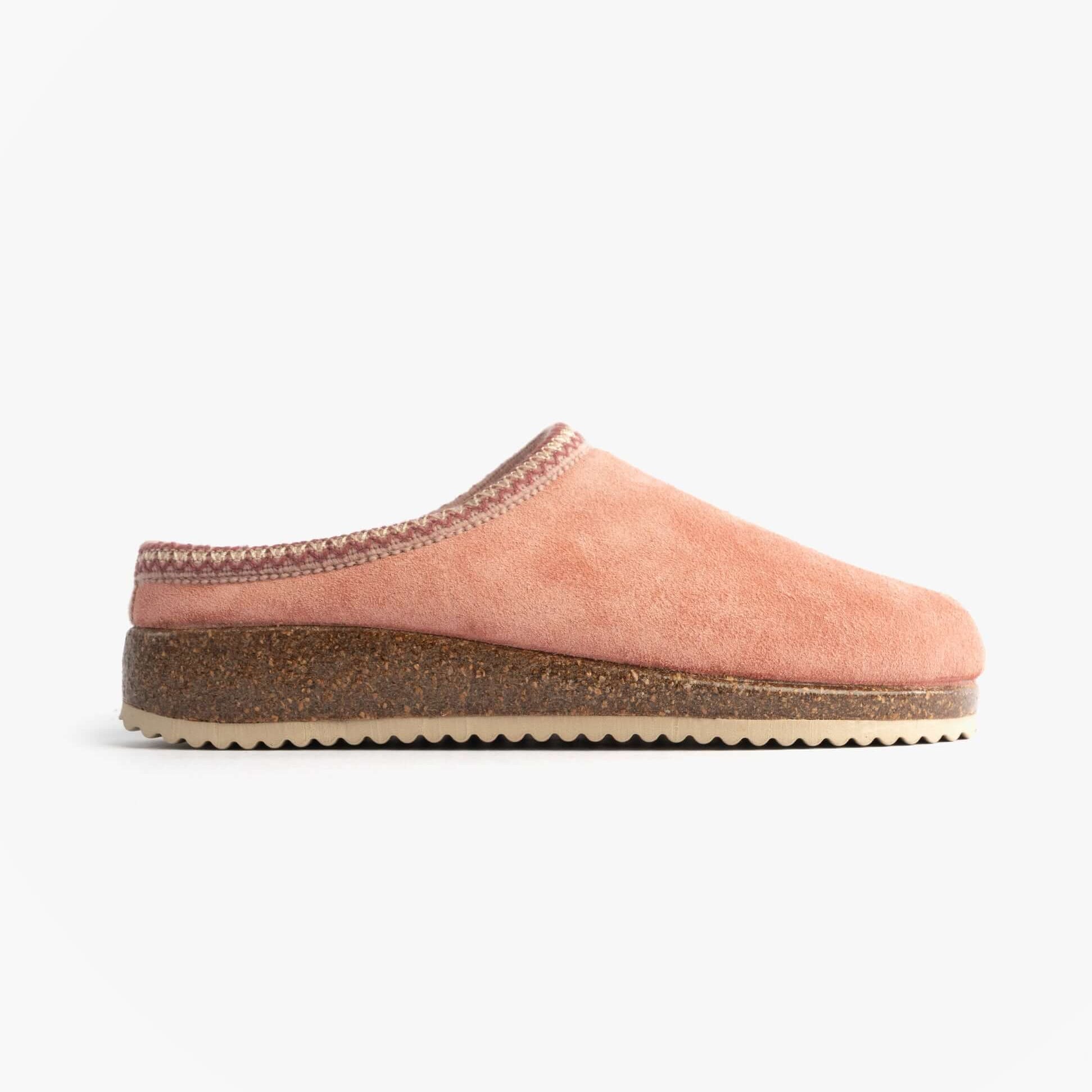 Nordikas 2247 Womens Suede Mule Slippers Rose Pink side view showcasing soft suede upper and low rubber sole.